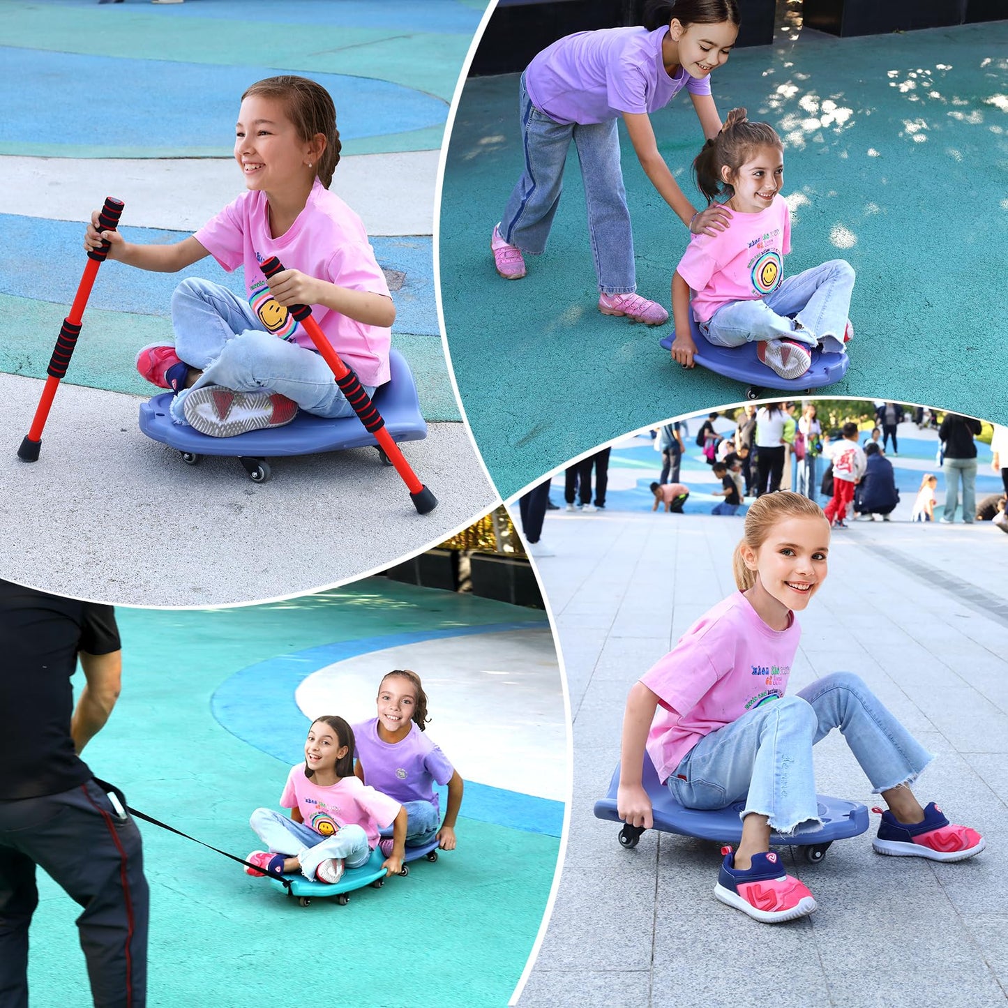 Large Scooter Board for Kids,Plastic Indoor Floor Scooter Board with Handles, Buckle and 1 Rope, 5 Wheels, Gym Scooters for Indoor Outdoor Sitting and Sports Training,Blue