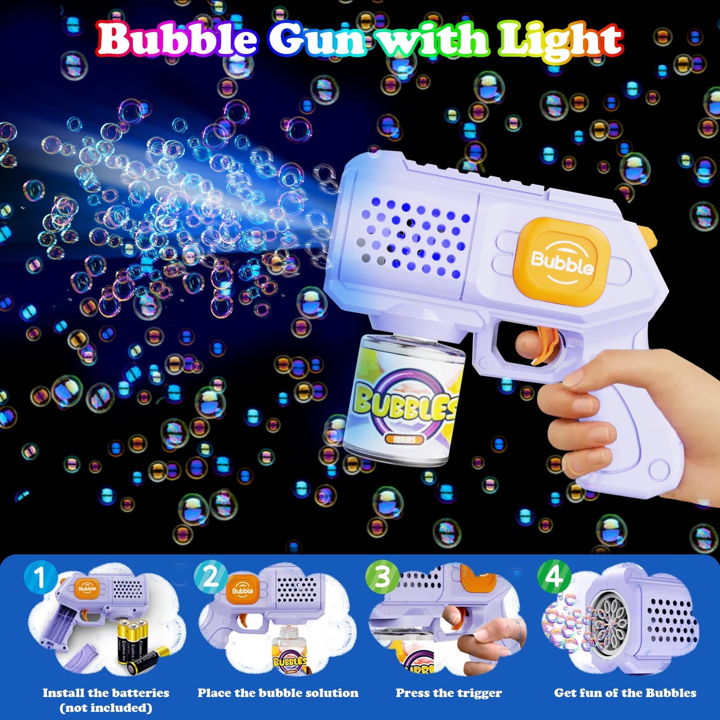 Panamalar 2 Packs Bubble Guns for Kids, Automatic Bubble Machine Gun 10000+ Bubbles/Min, 10 Holes Bubble Maker Toys with Solution/Light for Boys Girls Outdoor Wedding Party, Purple+White