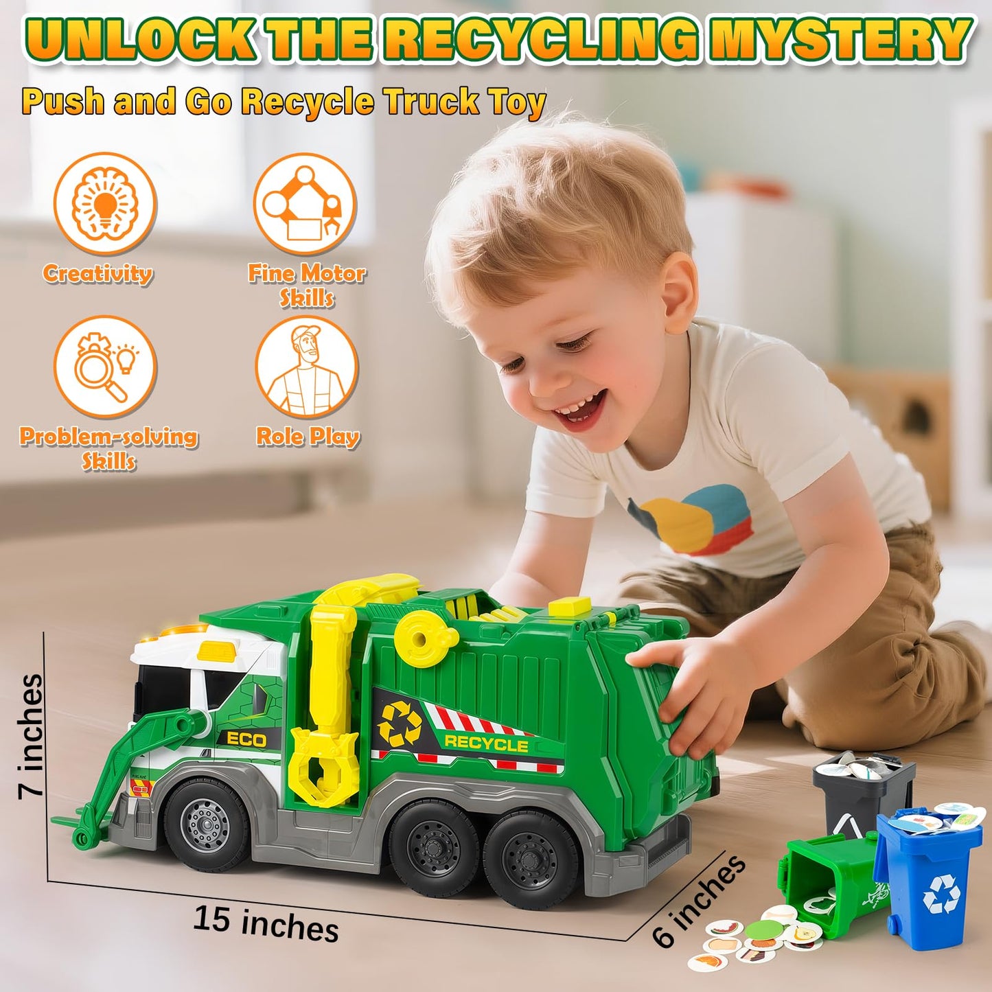 Large Garbage Truck Toy Set for Boys Ages 3 4 5 6 7 8, Kids Trash Truck with Sound, Light, Dumpster, Trash Bins and Learning Cards, Friction Powered Garbage Trucks Christmas Birthday Gifts for Toddler