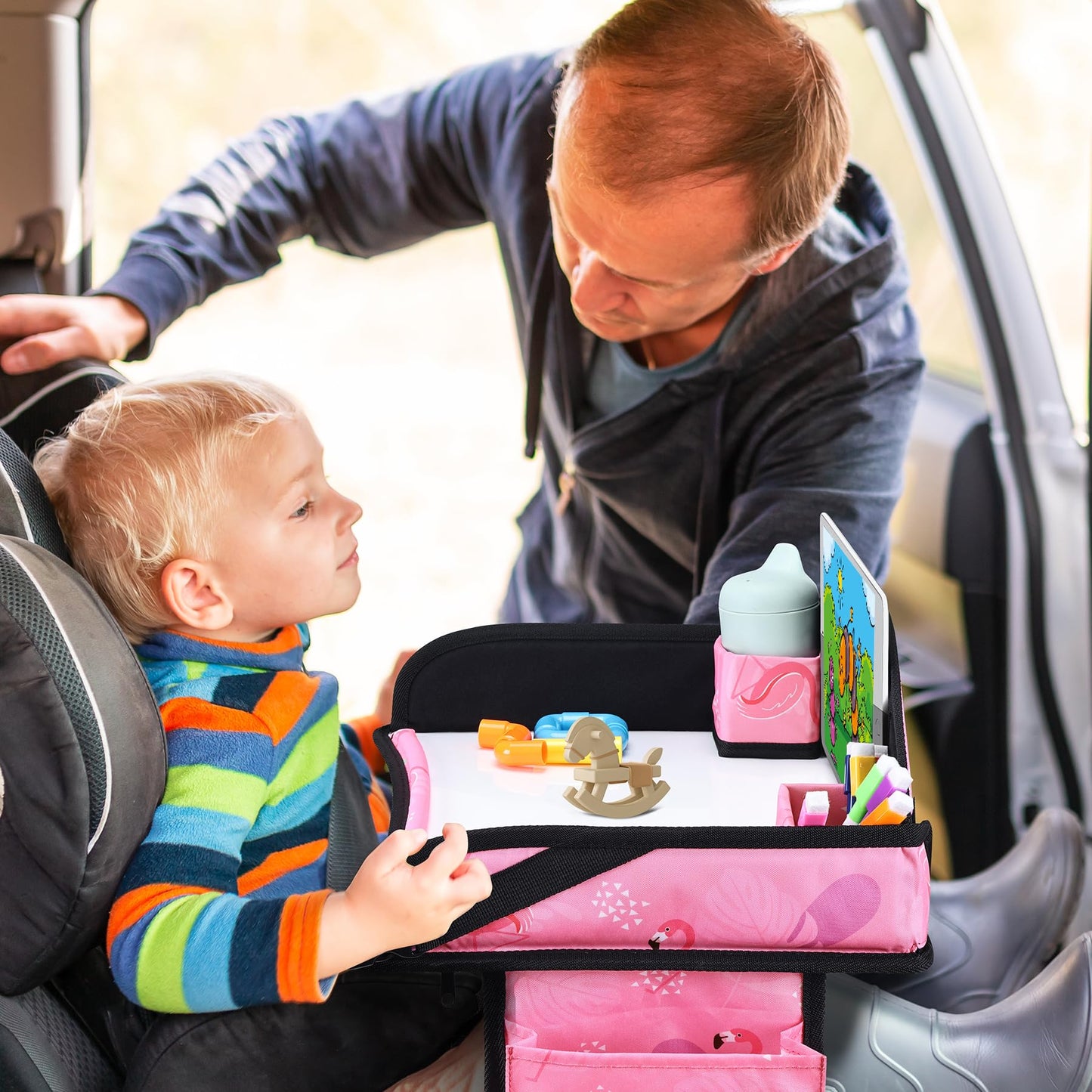 WENRENER Kids Travel Tray, Car Seat Tray for kids Travel, Toddler Road Trip Essentials With Drawing Kit, Toddler Lap Desk Organizer for Car, Carseat Table for Airplane