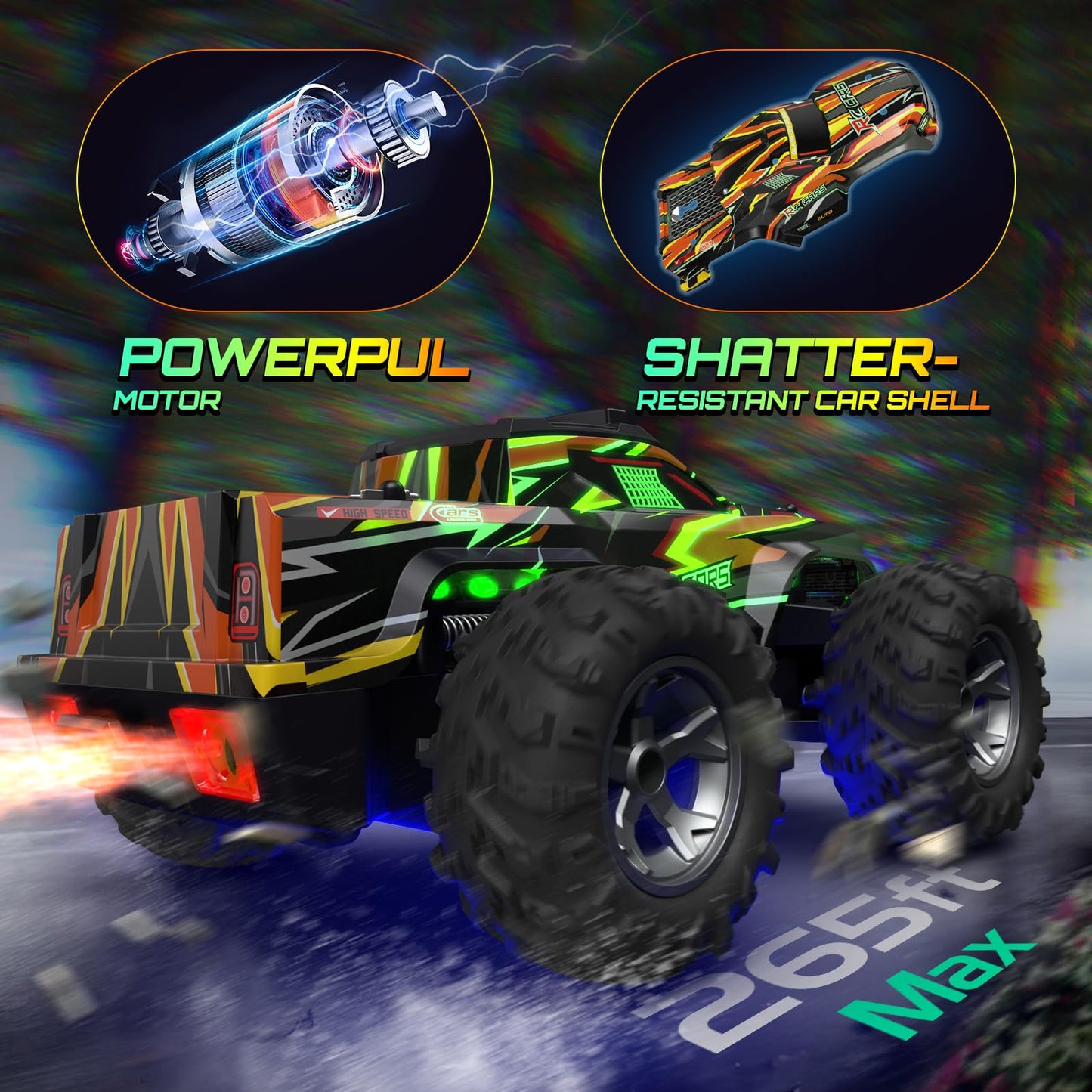 Remote Control Car for boys, 1:16 Scale All Terrain RC Cars,High Speed 25Km/h Fast Car with Colorful Led Light and spray, 2x1300mAh Rechargeable Battery RC Truck, Toy Car Gift for Teen Boys Girl Kids