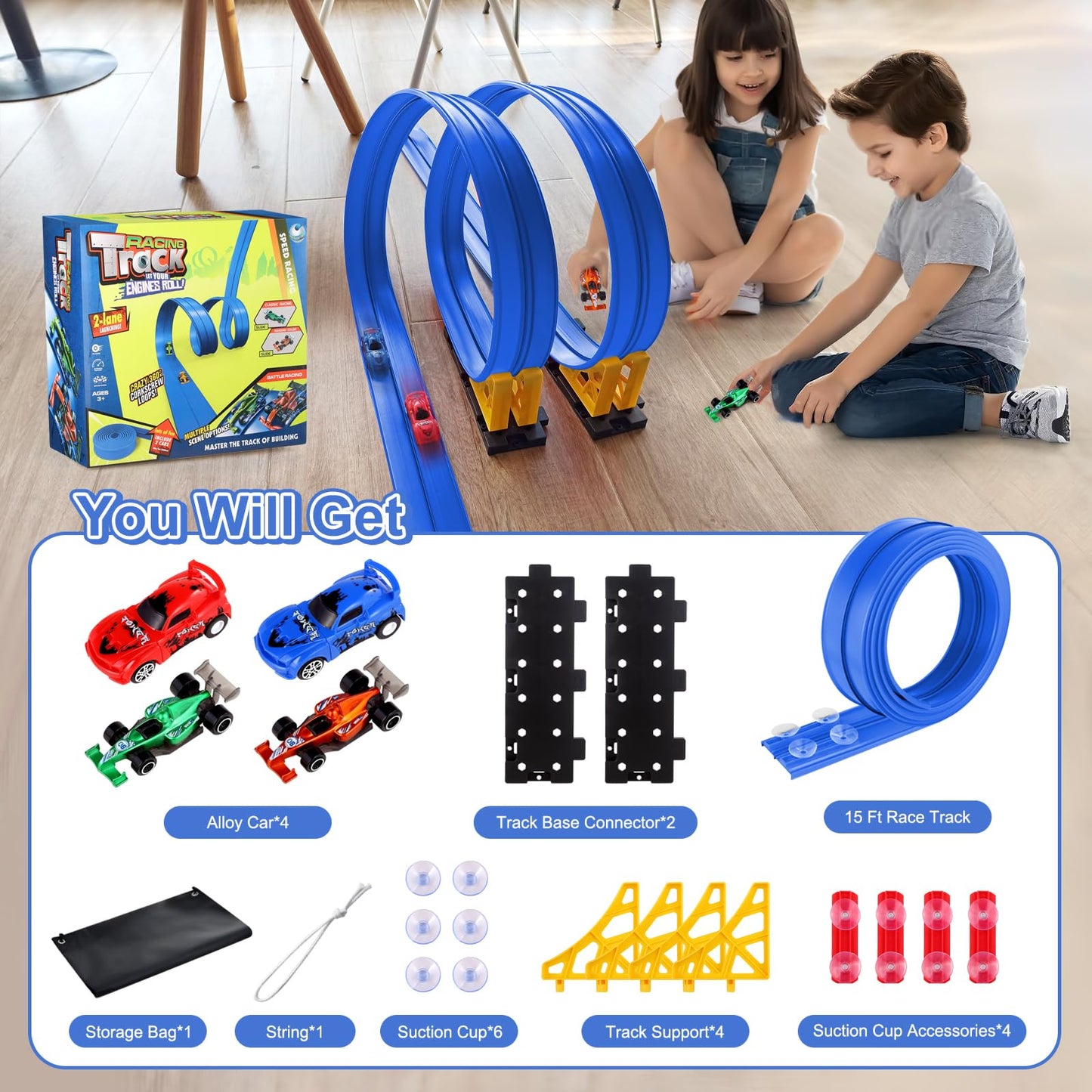 Flexible Race Car Track for Kids: 15 FT DIY Toy Car Track with Suction Cups, Roll-Up Portable Racetrack for Smooth Surfaces, Compatible with 1/64 DieCast Cars, Gift for Boys Girls Ages 3+