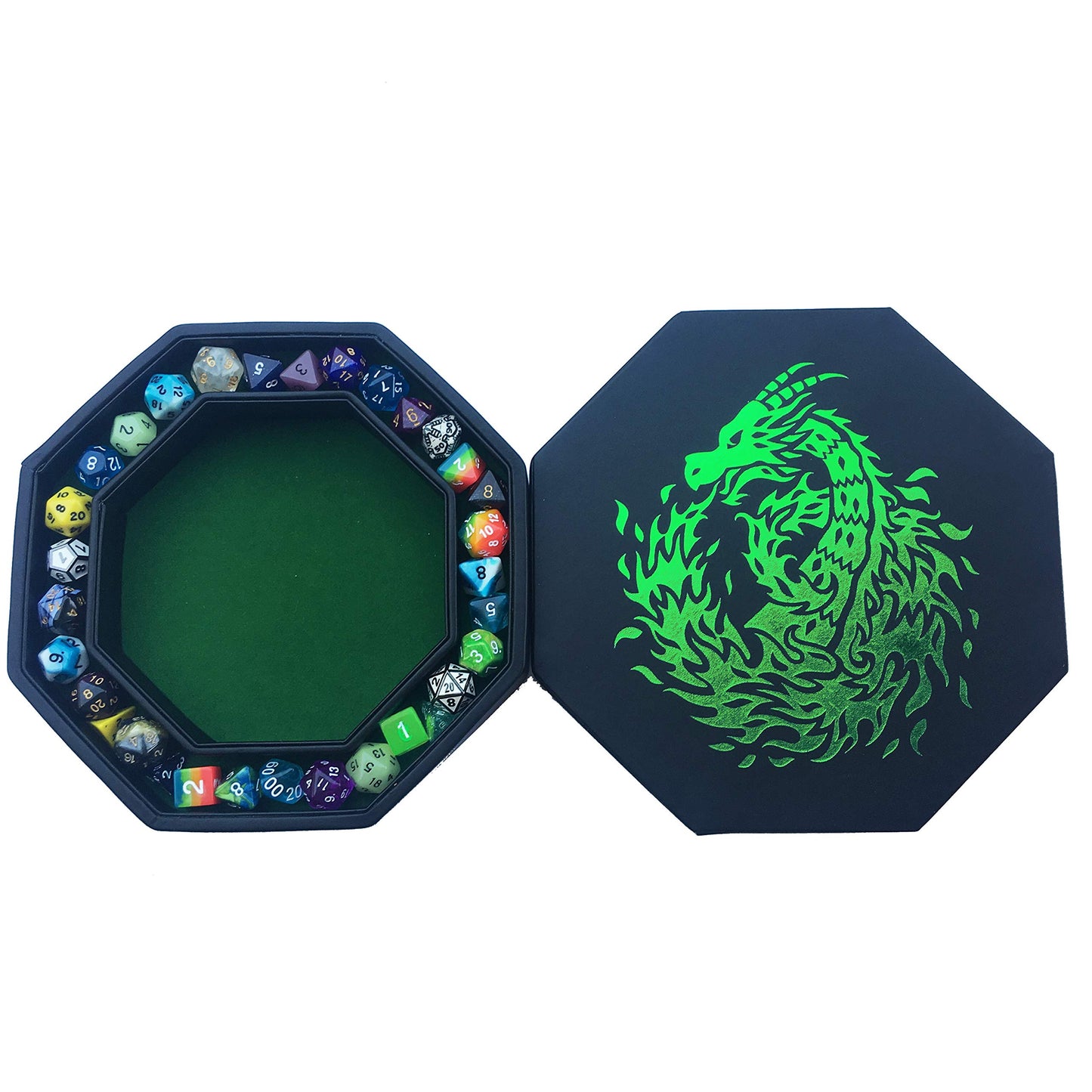 Fantasydice Green Fire Dragon Dice Tray with Wizard Book Print – 9" Octagon with Dice Staging Area, Holds 5 Dice Sets – Ideal for Tabletop RPGs and Board Games