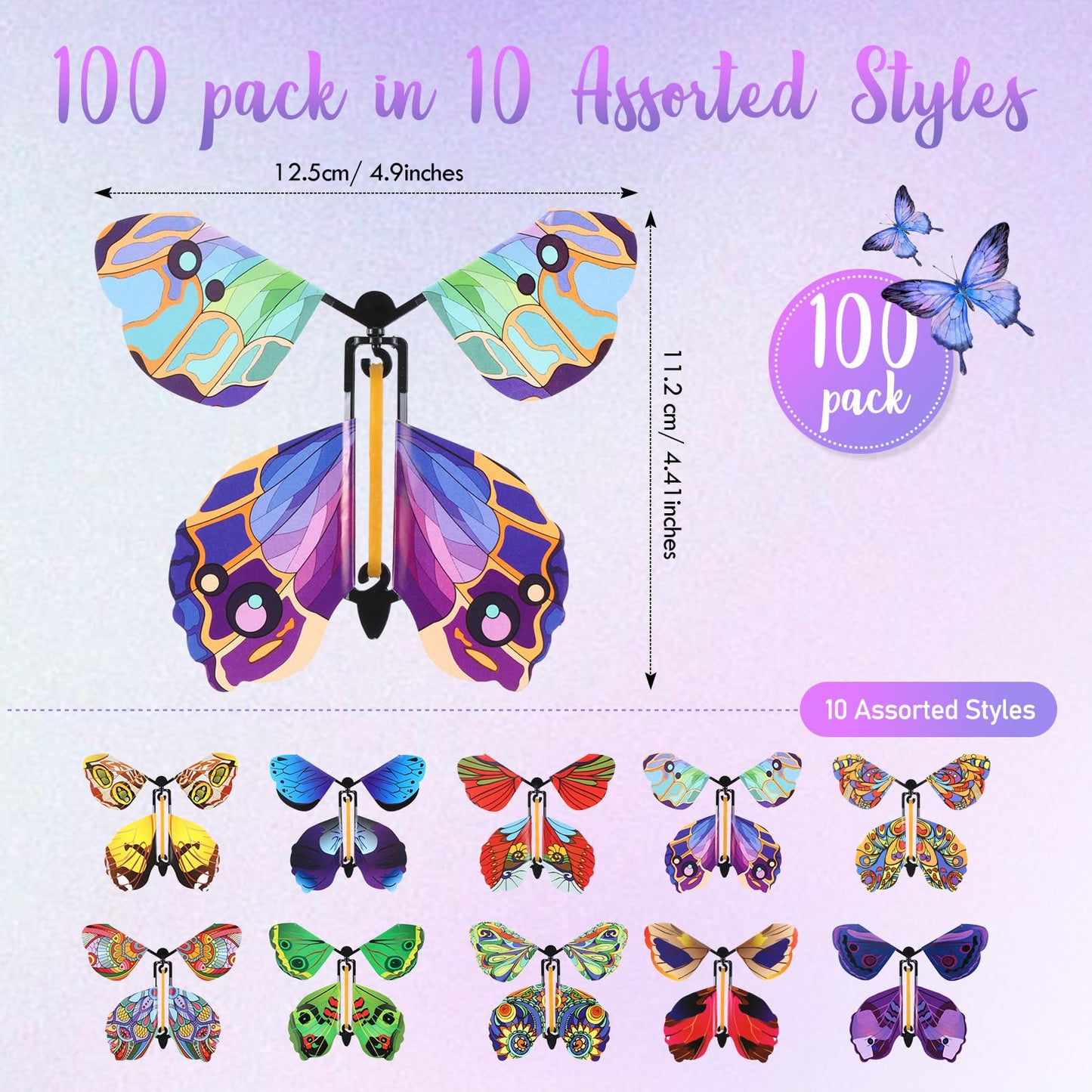 Lenwen 100 Pcs Magic Flying Butterfly Wind up Paper Butterflies that Fly Rubber Band Powered for Bookmark Card Surprise Gift Wedding Birthday Party 10 Styles, 4.41 x 4.92 Inch
