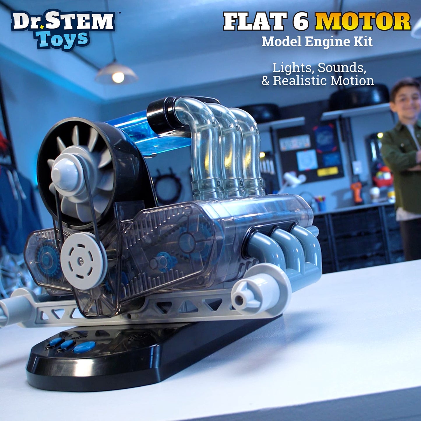 Dr. STEM Toys Model Engine Kit for Boys & Girls Ages 12+, Realistic Replica Flat 6 Motor Has Over 320 Parts, Real Motorized Action, LED Lights & Sound Effects, Comes with Detailed Directions