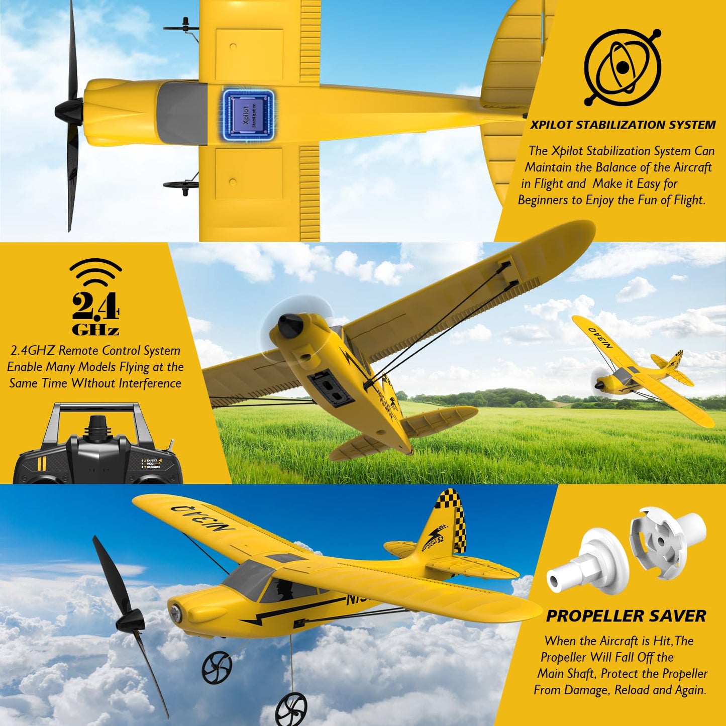 28℃ RC Plane 3 Channel Remote Control Airplane Trainer Sport Cub S2 with Propeller Saver&Xpilot Stabilization System,One-Key U-Turn Easy to Fly for Beginners, Kids, Adults, Yellow (761-14 RTF)