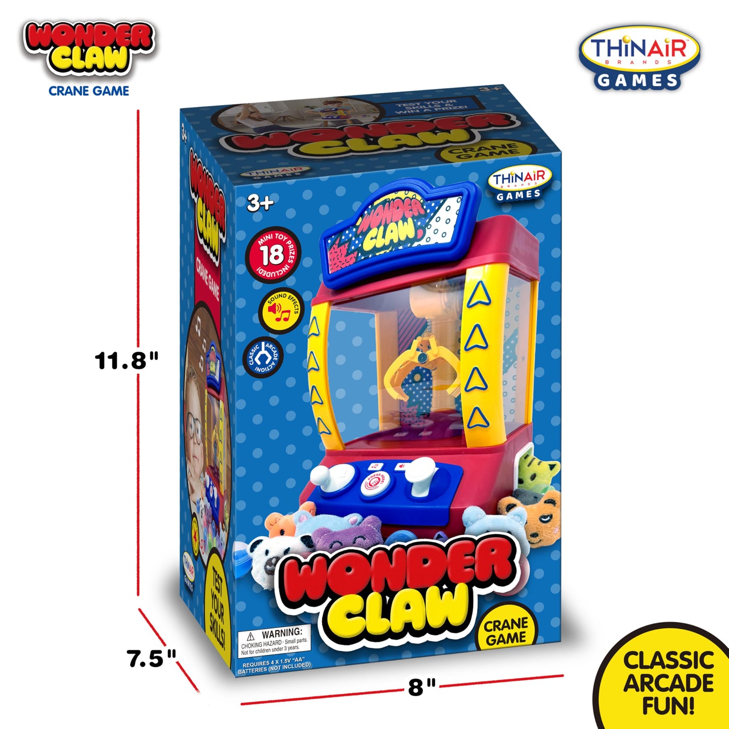 Thin Air Brands Wonder Claw Machine Crane Game for Kids - Arcade Style with 9 Stuffed Animal Prizes and 9 Balls, Sound Effects - Perfect Birthday Surprise Toy Grabber Arcade Game