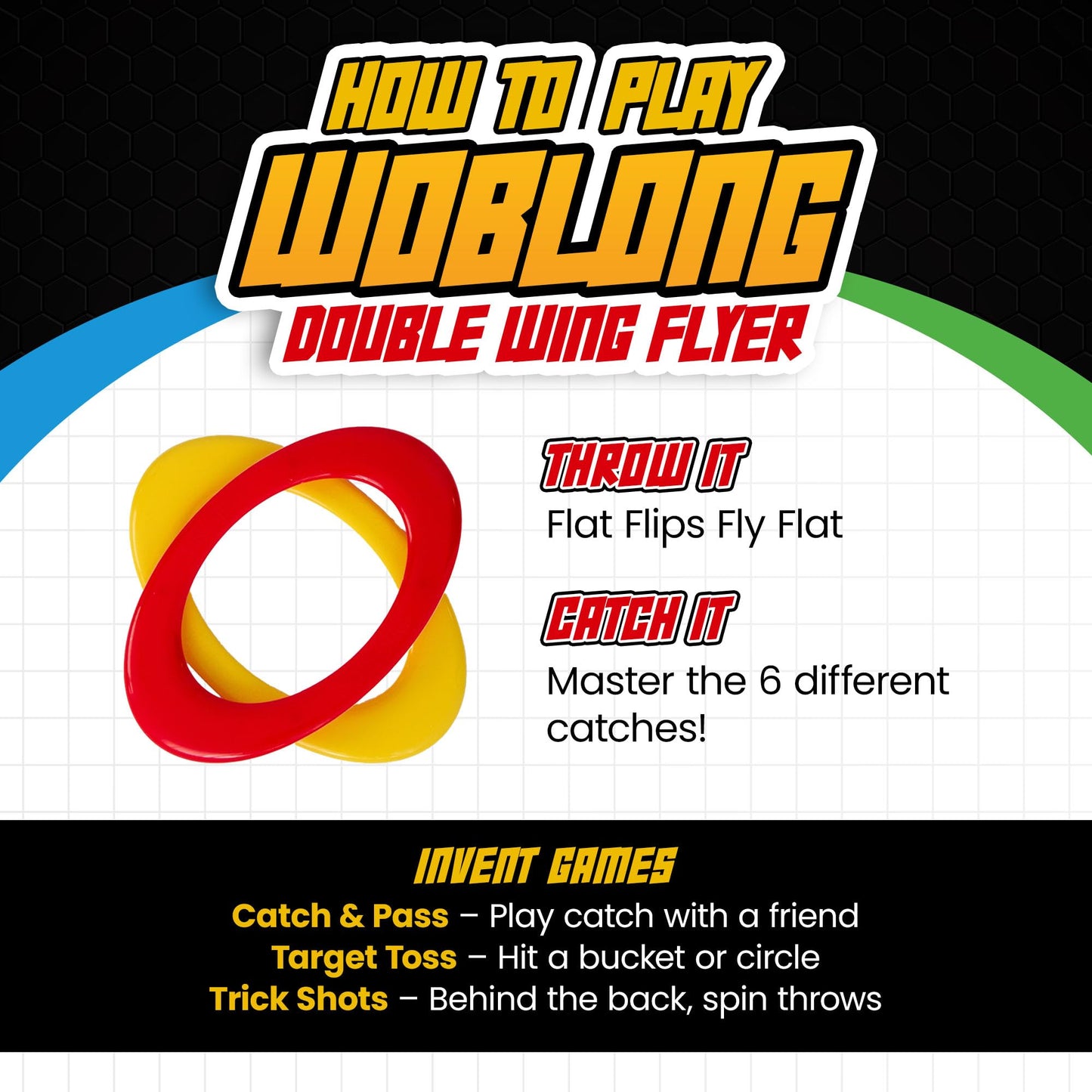 Woblong Double Wing Flyer – Aerodynamic Flying Disc for Families & Adults Playing Catch, Sports Toys for Beach Frisbee & Park Activities, Outdoor Toys for Teens & Frisbees for Adults (Y, BLK, B, R)