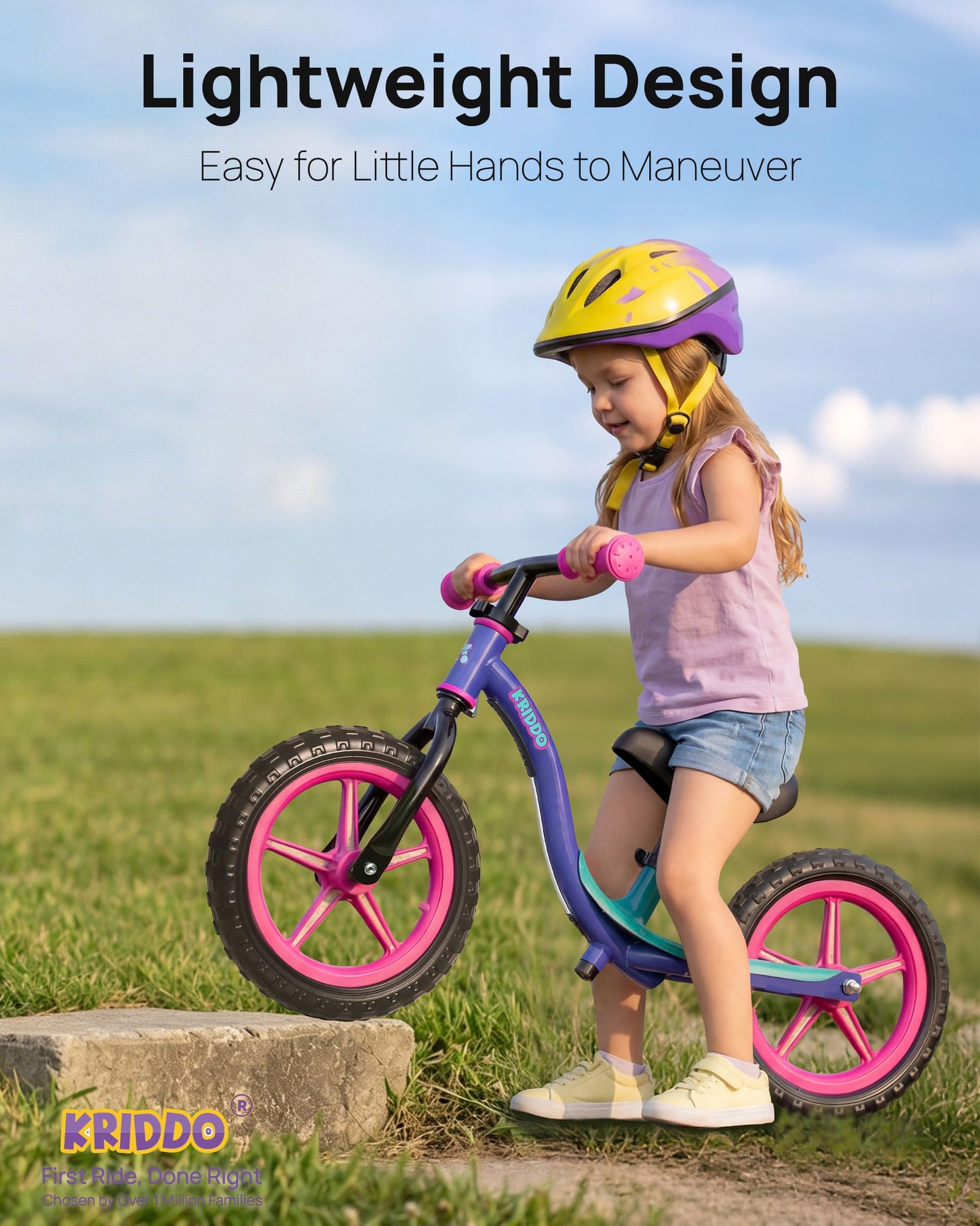 KRIDDO Toddler Balance Bike 2 Year Old, Colorful Lighting Kids Balance Bike for 2-5 Years Old, 12 Inch Balance Bicycle with Riding Buddy, Tool-Free, Adjustable Seat, Handlebar, Gift for 2-3 Girls Boys