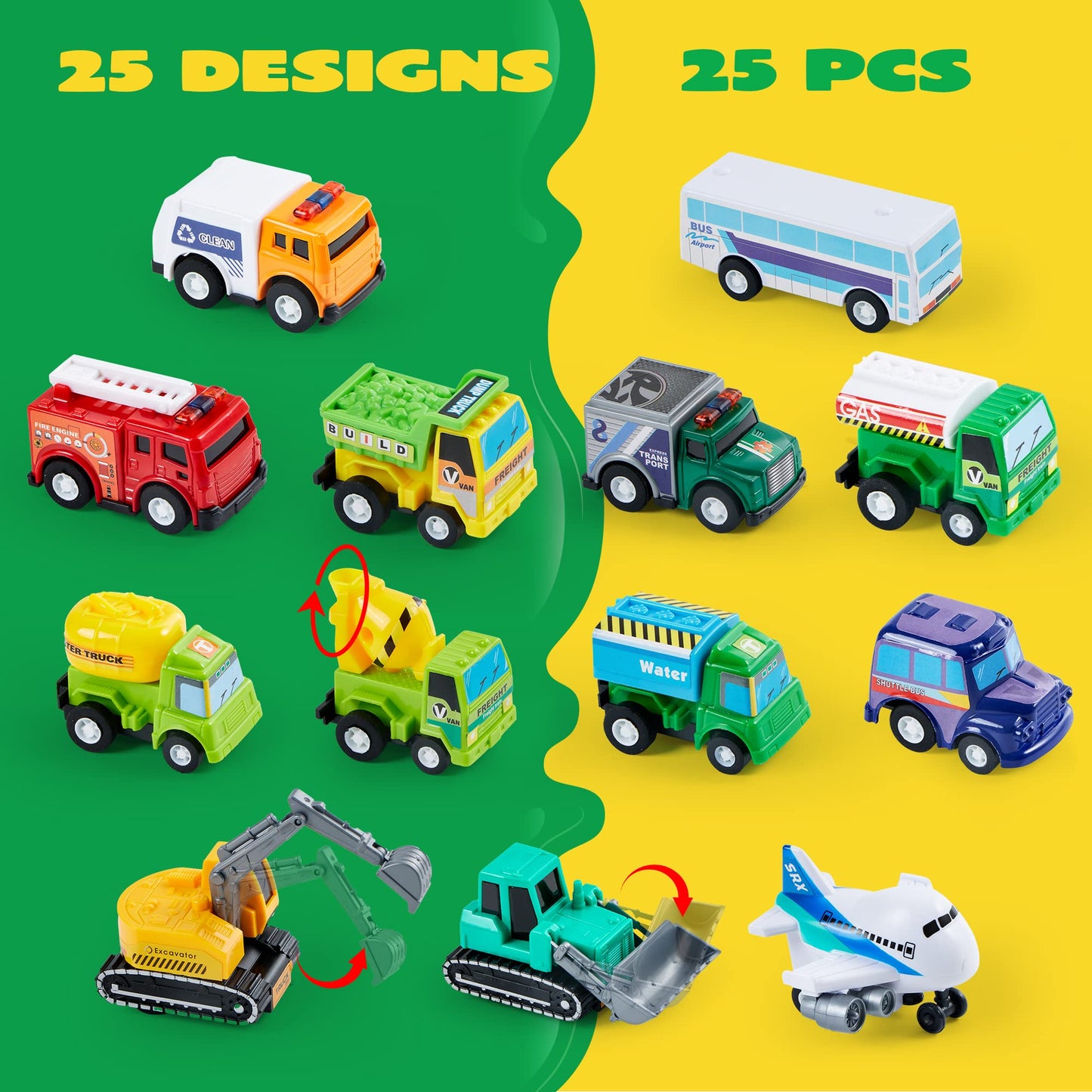 JOYIN 25 Pieces Pull Back Cars and Trucks Toy Vehicles Set for Toddlers, Girls and Boys Kids Play Set, Party Favors, School Gifts, Goodie Bags Stuffers for Kids