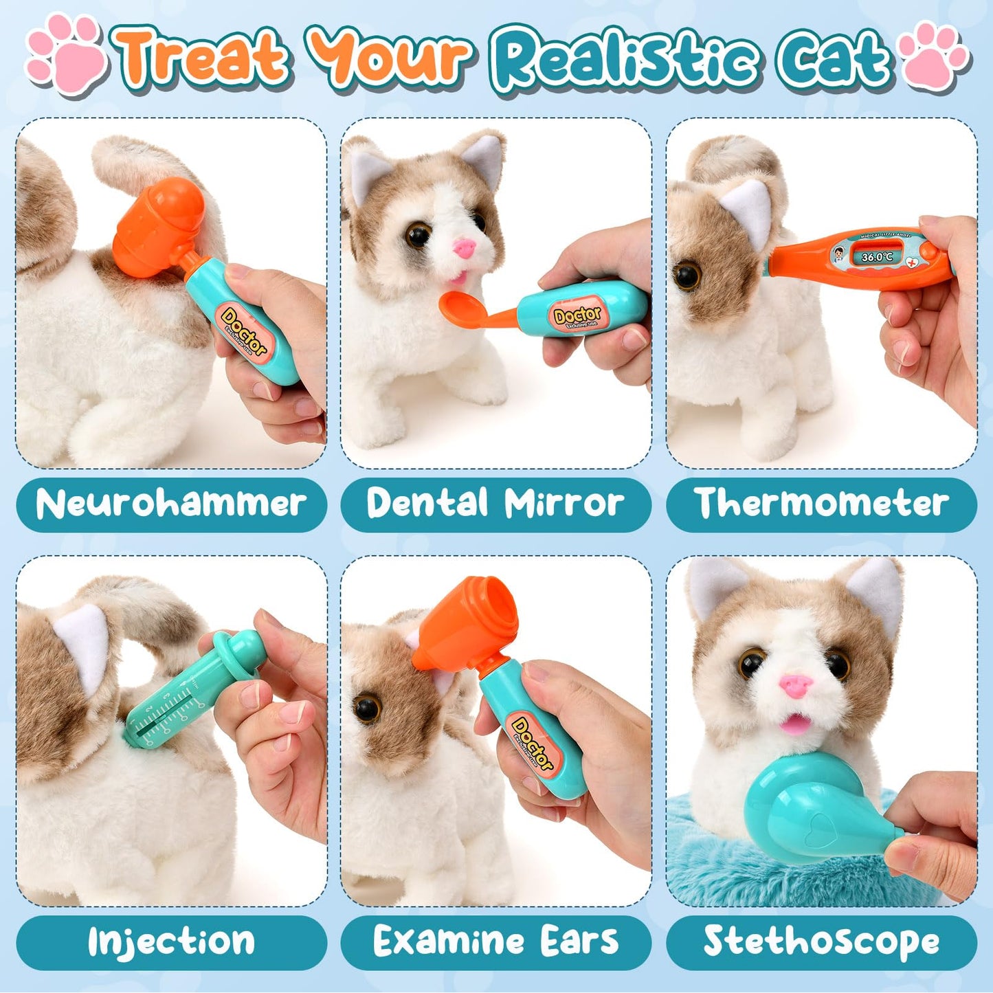 TUZT 17PCS Interactive Cat Toys for Kids, Toys for 3 4 5 6 7 8 Year Old Girls Kids Boys, Walking & Meowing Cat Toy with Sound, Veterinarian Playset for Toddlers, Idea Birthday Gifts for Little Girls