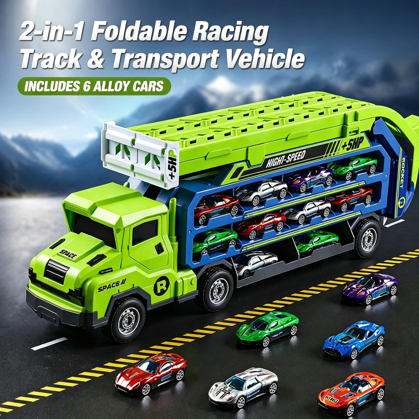 Unimoly Carrier Truck Transport Toy, Foldable 2-Layer Car Race Track Playset with 33" Track & 6 Metal Cars, Birthday Gift for Boys Ages 3-8 (Green)