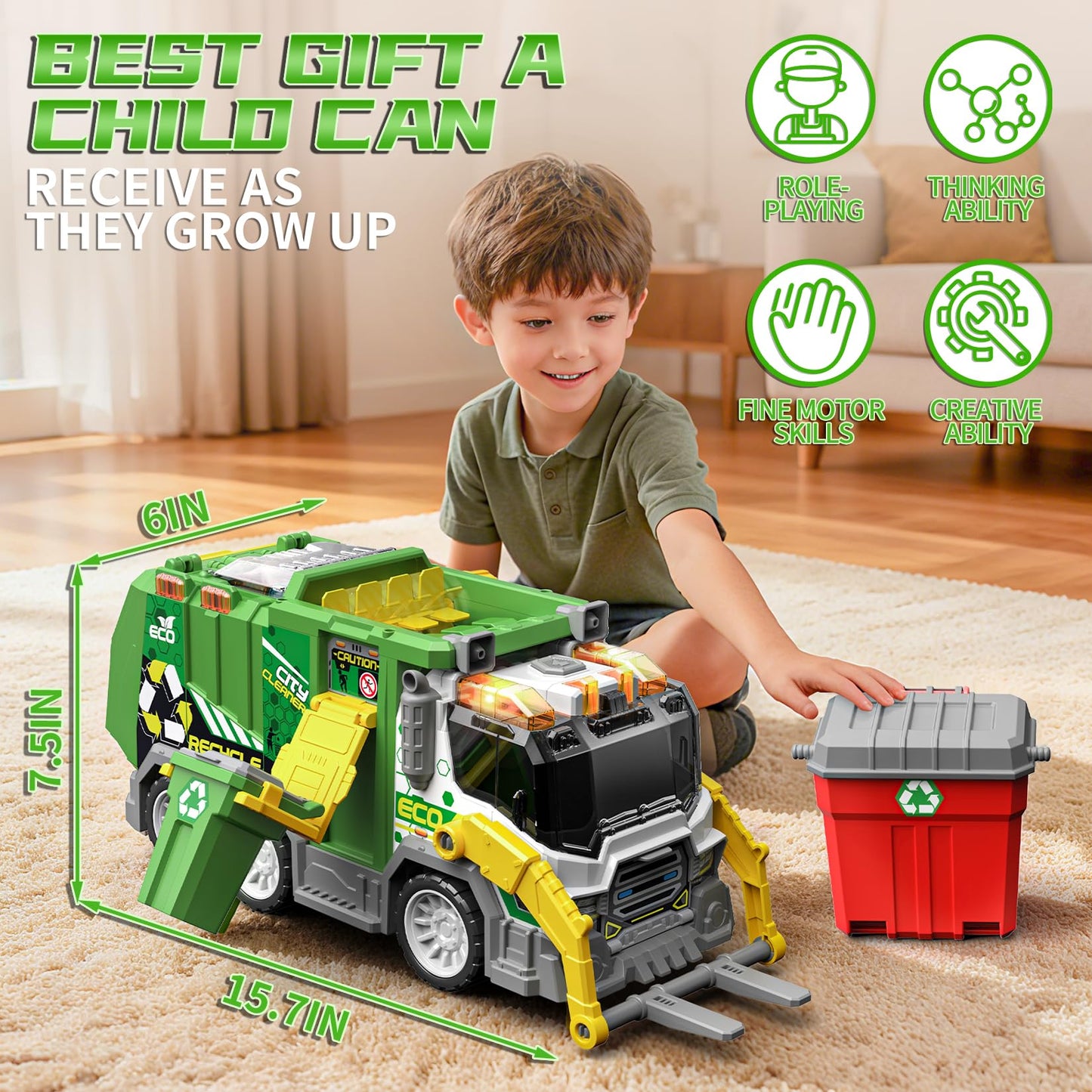 BLUEYAK Large Friction Powered Garbage Truck Toy Set with Light & Sound - ECO City Cleaner with Recycle Dumpster, 4 Color-Coded Trash Bins & 2 Ejection Cars, Ideal Birthdays for Toddlers Boys Girls