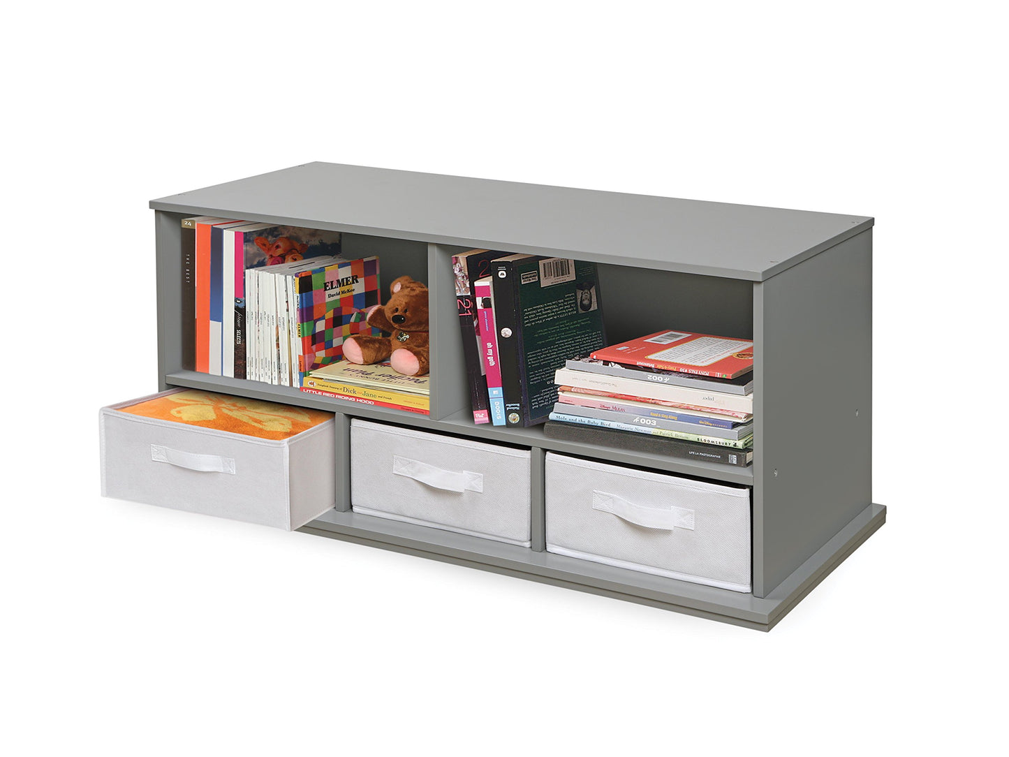 Badger Basket Stackable Toy Storage Organizer - 5-Shelf Modular Unit with 3 Removable Fabric Bins, Solid Panel Construction, Expandable Design for Toys and Crafts - Gray