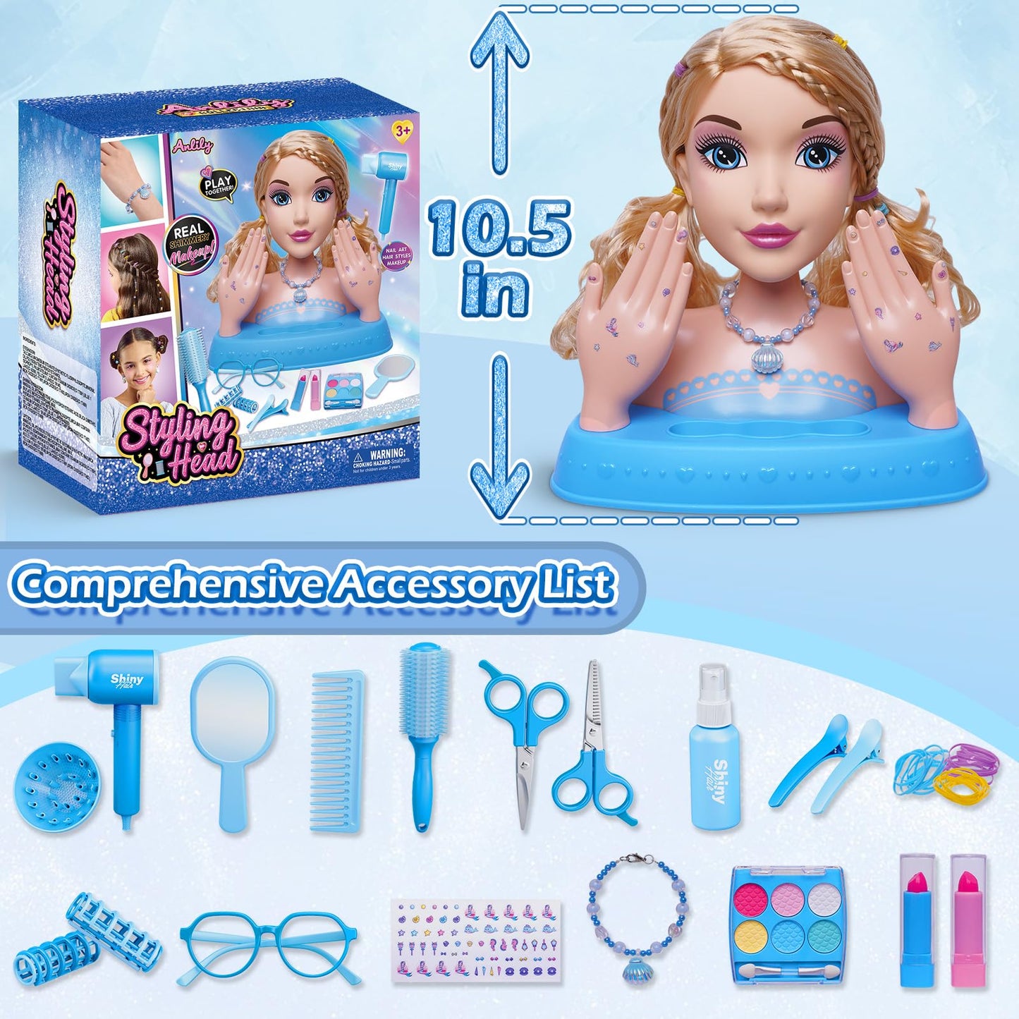 Blonde Hair Styling Doll Head 10.5” with Washable Makeup Set, 3-in-1 Styling Head Toy with 20+ Accessories, Pretend Hair Salon Playset for Girl, Birthday Gifts for Girls Ages 3 4 5 6 7 8+