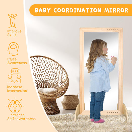 LAKNUAL Montessori Mirror with Bar, Adjustable Wood Baby Pull Up Bar, Floor & Wall Shatterproof Safety Infant Coordination Montessori Furniture, for Home, Daycare, or Preschool