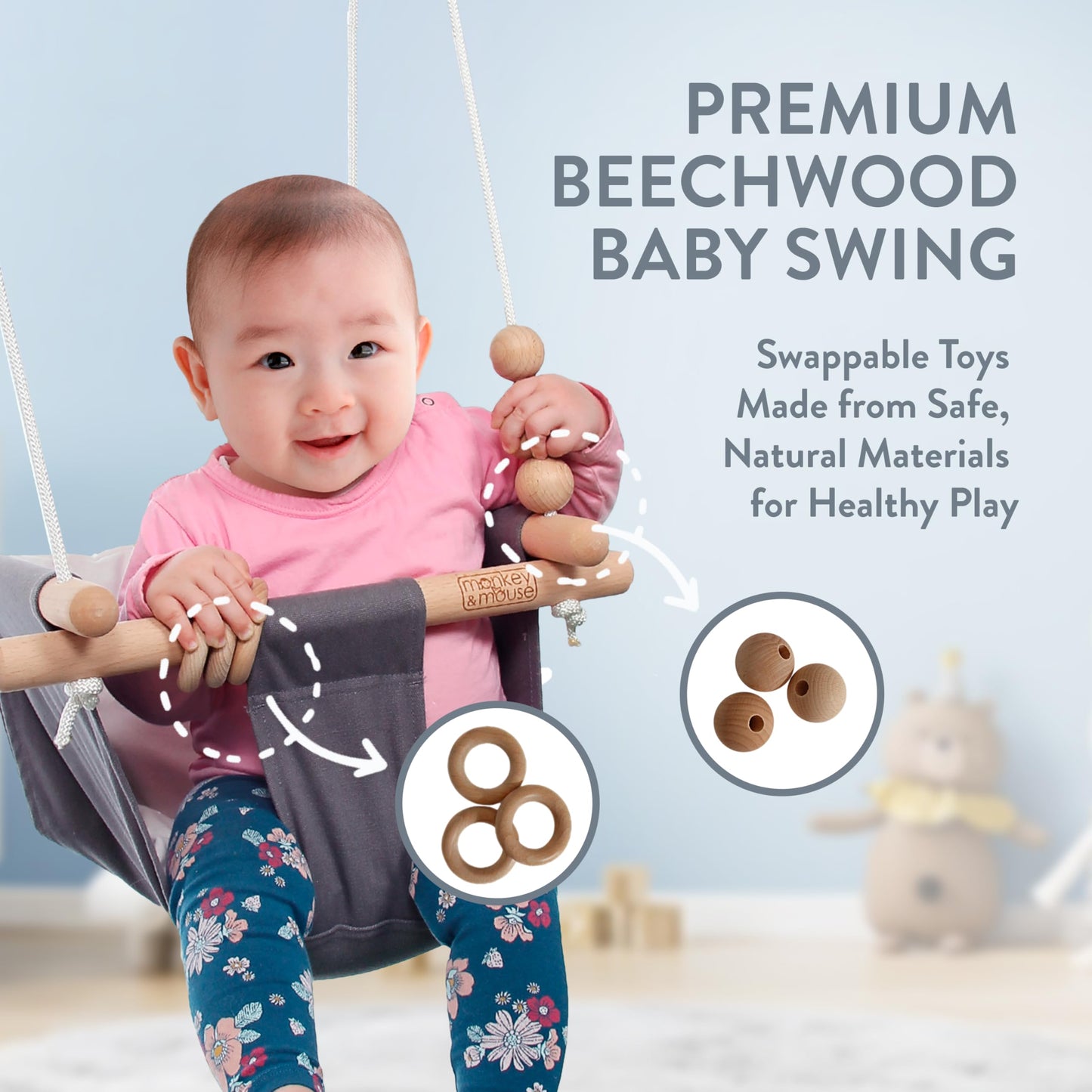 Monkey & Mouse Baby Swing, Pale Pink Indoor Outdoor Portable Hanging Chair - Infant & Toddler Kids 6 Months - 4 Years, Cotton Canvas & Beech Wood Frame, Sensory Hammock Boy & Girl Seat w/Wooden Toys