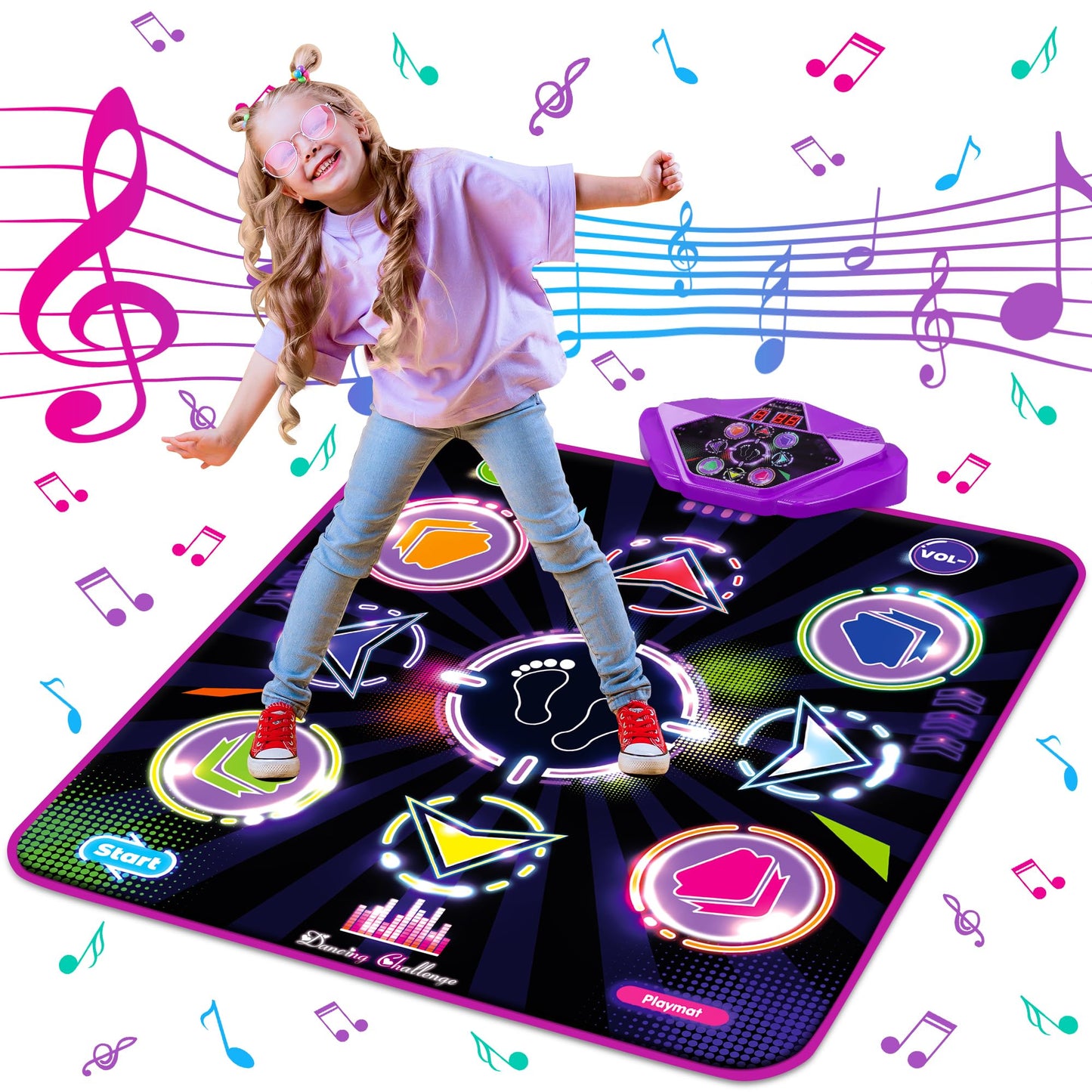 Kusntin Dance Mat, Dance Mixer Rhythm Step Play Mat, Pink Dance Pad with LED Lights, Adjustable Volume, Built-in Music, 5 Game Modes, Xmas Birthday Gifts for 3-10 Years Girls Toys (Purple-Black)