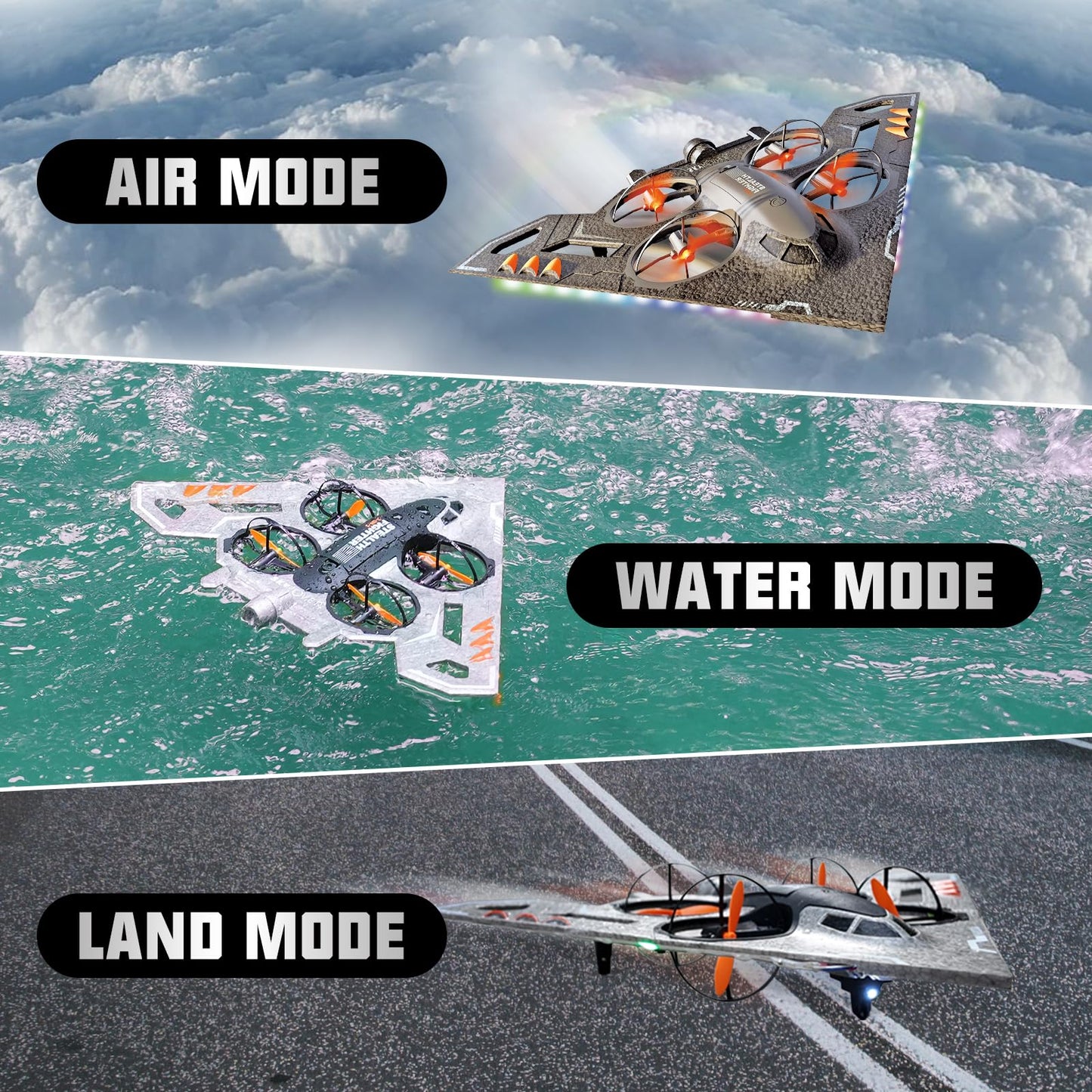 A ALPHA 3-in-1 RC Jet Plane, Remote Control Airplane – Air, Land & Water RC Airplane Fighter Jet Drone Toy for Kids & Adults