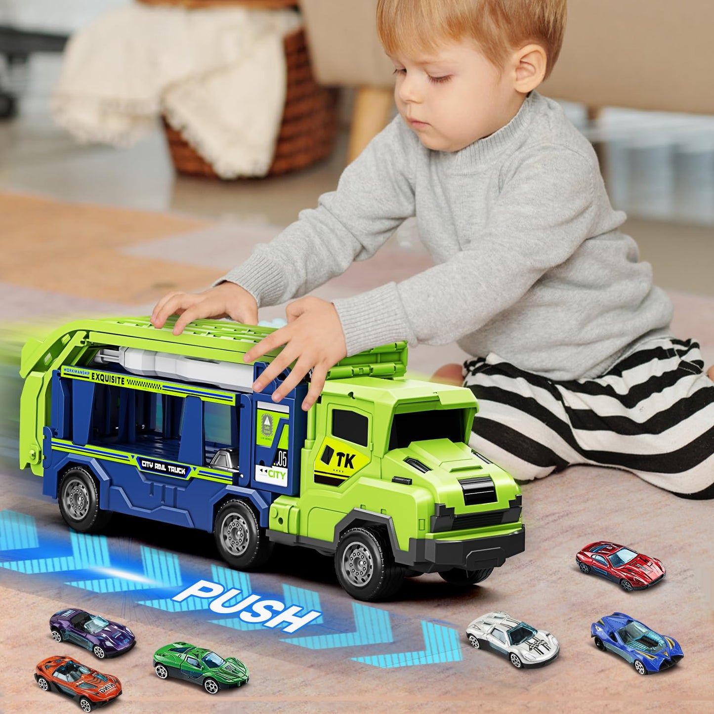 Truck Car Toys for 3, 4, 5, 6, 7, 8 Years Old Kids, Carrier Truck Race Track Toys, Foldable Transport Car Toys with 2 Foldable Race Tracks, 6 Metal Cars, Birthday Gifts for Toddler Boys Girls