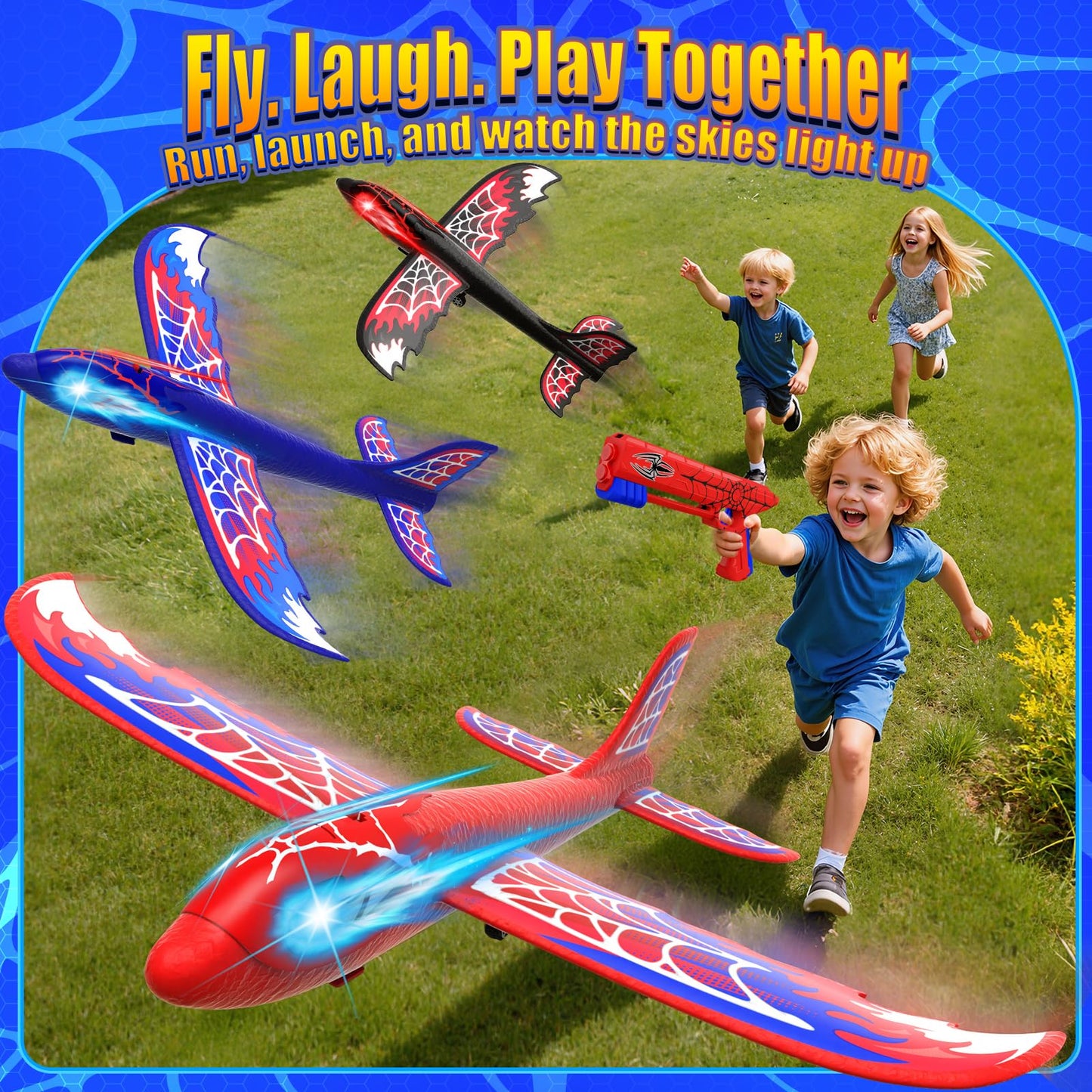 Cool Airplane Launcher Toy with Glowing Eyes & Web-Pattern Wings,2 Flight Modes Outdoor Games for Kids,Boys Toys Age 3-12,Birthday Gifts for 3 4 5 6 7 8 9 10 11 12 Year Old,Kids Gift(Red&Blue&Black)