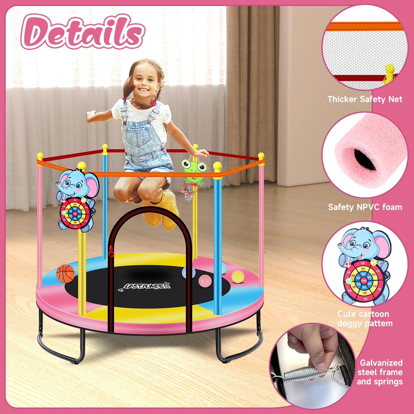 LASTJUMPER 60''/5ft Pink Toddler Trampoline Indoor，Small Trampoline for Kids with Safety Enclosure, Basketball Hoop & Ocean Balls, Birthday for Toddlers 1-3
