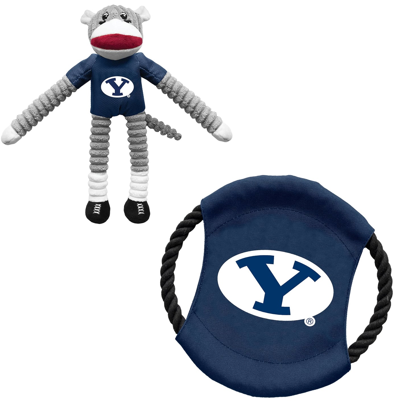 Littlearth NCAA BYU Cougars Sock Monkey and Flying Disc Pet Toy Combo Set, Team Color, One Size