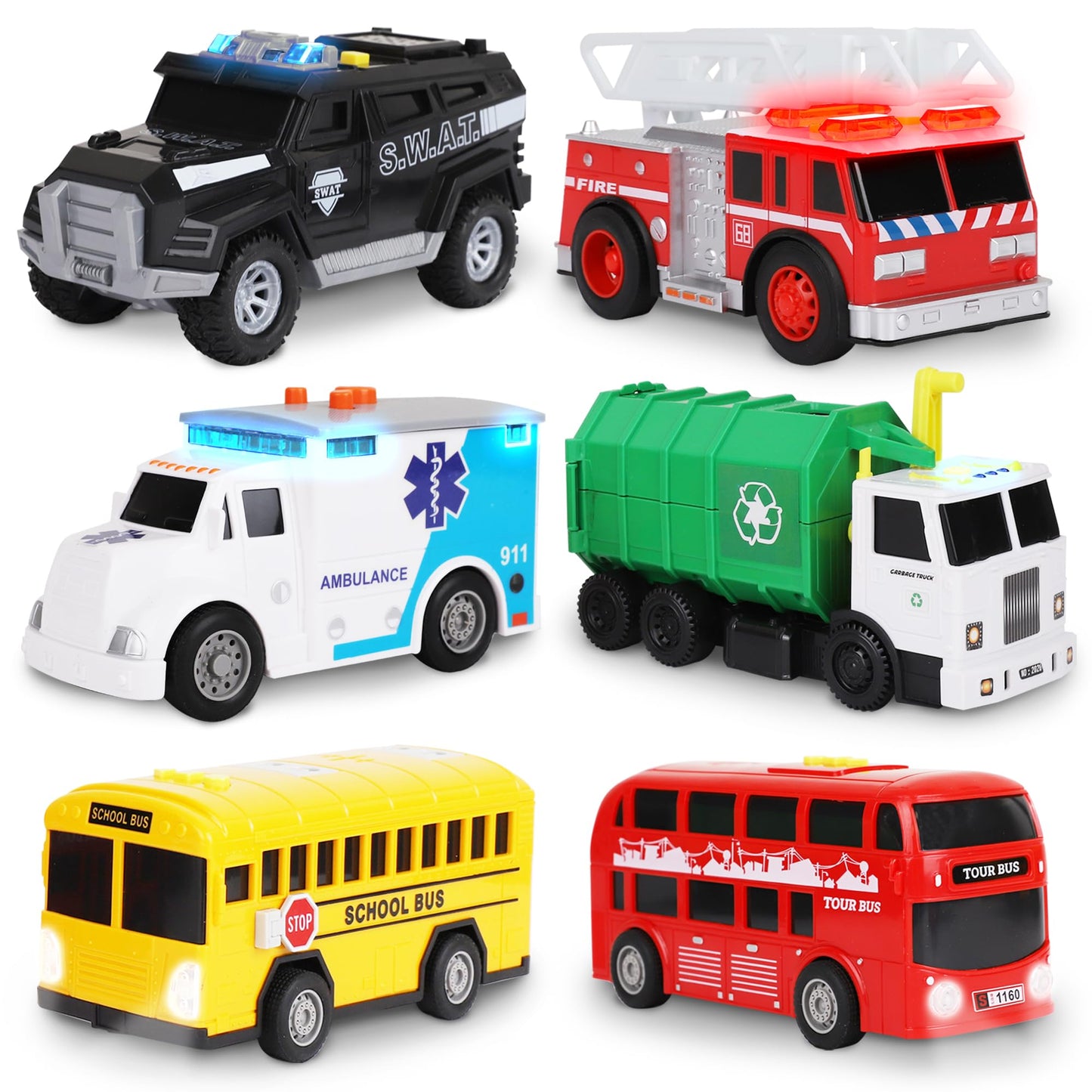 Playkidiz Toy Cars for Toddlers - 6Pcs Pull Back Cars Toys with Light and Sounds, City and emergency vehicles set, Including Police Car, Fire Truck, Ambulance, School bus, Tour Bus, Garbage Truck