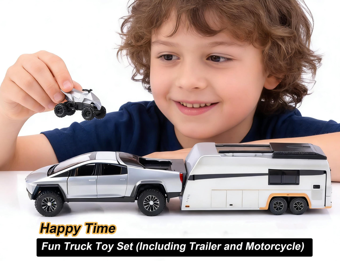 RCOOS Toy Car Alloy Truck Set with Trailer and Motorcycle Cyberpickup Toy with Sound and Light Effect Pull Back Vehicle RV Toy EV Model Ideal Gift for Kids Boys Girls Adult Age for 3+