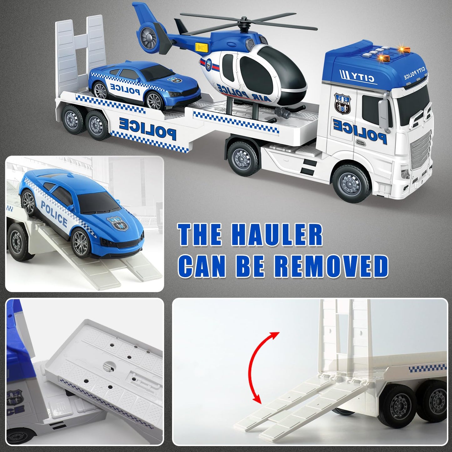 Yiwsnust Police Truck Toy 25.6" Large Semi Truck with Racing Car and Helicopter, Kids Police Car Toys with Light & Sound, Play Vehicles Cars Toys Birthday Gift for Toddler Boys Age 3 4 5 6