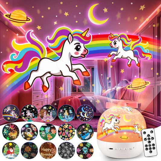 Pikoy Unicorn Toys for Girls Gifts, 15 Films+15 Lullaby Sound Machine for Kids Night Light Projector, Remote+Rechargeable Night Light for Kids Gifts, 360 °Rotation Princess Mermaid Toddler Girl Toys
