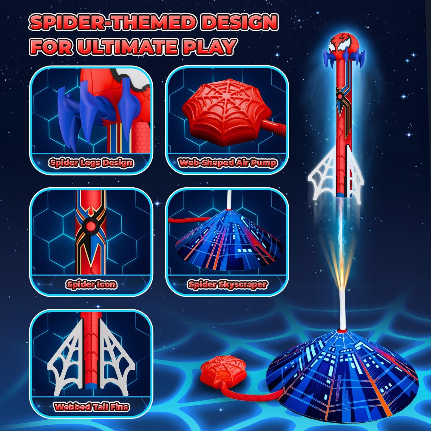 Spider Rocket Launcher for Kids, 4 Rockets with Web Air Pump, Stomping Launch Toys, Outdoor Spider Toys Gifts for 3-10 Year Old Boys & Girls