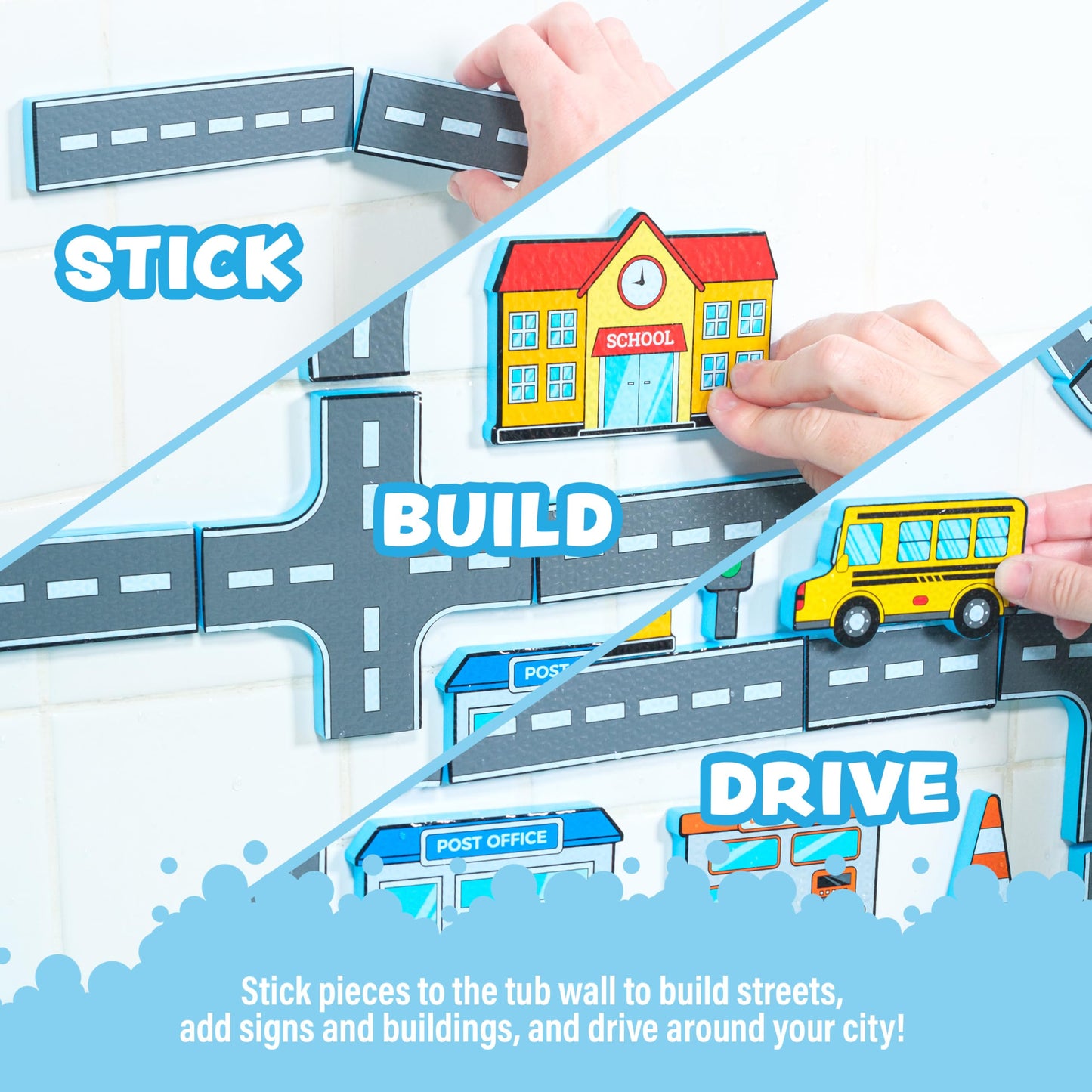 Tub Works® Tub City™ Stick, Build & Drive Toddler Bath Toy | 52 Foam Bath Stickers | Build a City with Roads, Buildings, Signs & Cars | Float & Stick to Tub Walls | Creative Bathtub Toys for Kids Bath