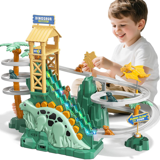 JUKUDAHU Dinosaur Climbing Slide Stair Toy for Toddlers Aged 3 4 5 6 7 8 - Racing Track Game Set, Sliding Car Toy, Dinosaur Themed with Light and Music, Birthday Dinosaur Gifts for Boys Girls Kids