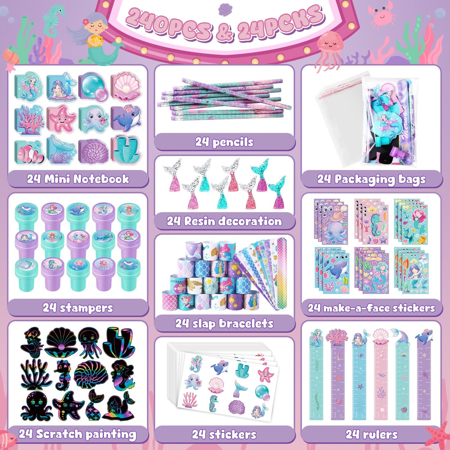BenLouis 240Pcs Mermaid Party Favors Little Mermaid Pencils Stickers School Stationery Bulk for Kids Sea Birthday Decor Baby Shower Candy Goodie Bag Stuffer Classroom Rewards Pinata Supplies
