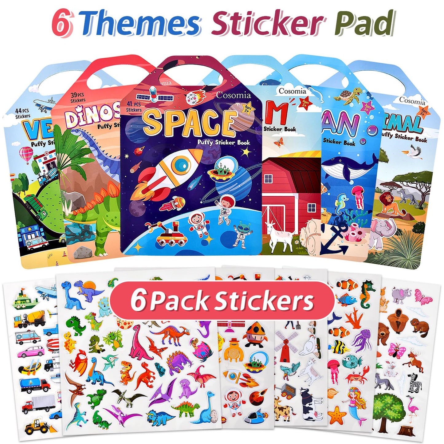 Cosomia 6 Set (260pcs) Puffy Sticker Books Activity for Kids, Animal, Farm, Dinosaurs, Space, Vehicle, Ocean, 3D Reusable Stickers for Boys and Girls, Travel Sticker Books for Kids Ages 3+