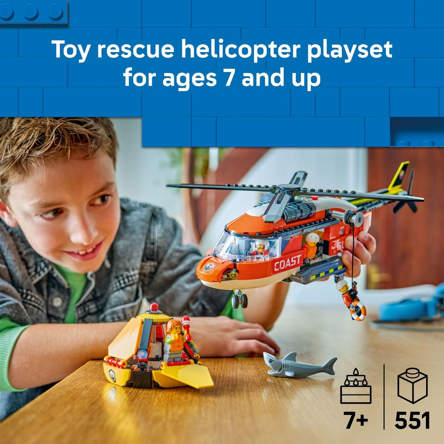 LEGO City Coast Guard Helicopter Building Toy for Kids - Pretend Play Emergency Response Set for Boys & Girls, Ages 7+ - Includes 4 Minifigures, Shark, & Rescue Pod - Gift Idea for Birthdays - 60503