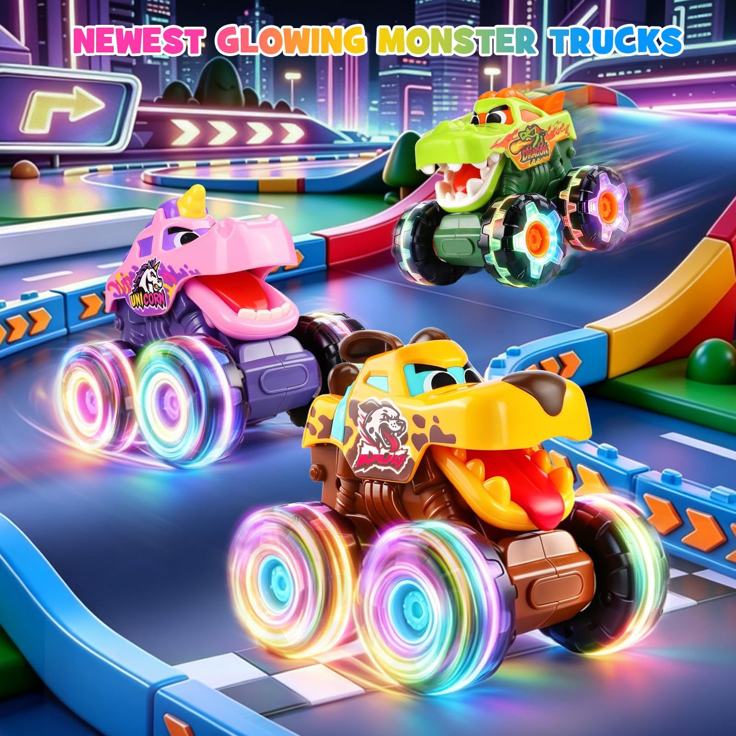 OCATO Monster Truck Toys for 1 2 3 4 Year Old Boy Birthday Gift, Light Up Monster Trucks Inertia Toy Cars for Toddlers 1-3 Soft Light Glowing LED Wheels, Baby Toddler Kids Boy Toys Gifts Age 1 2 3 4 5