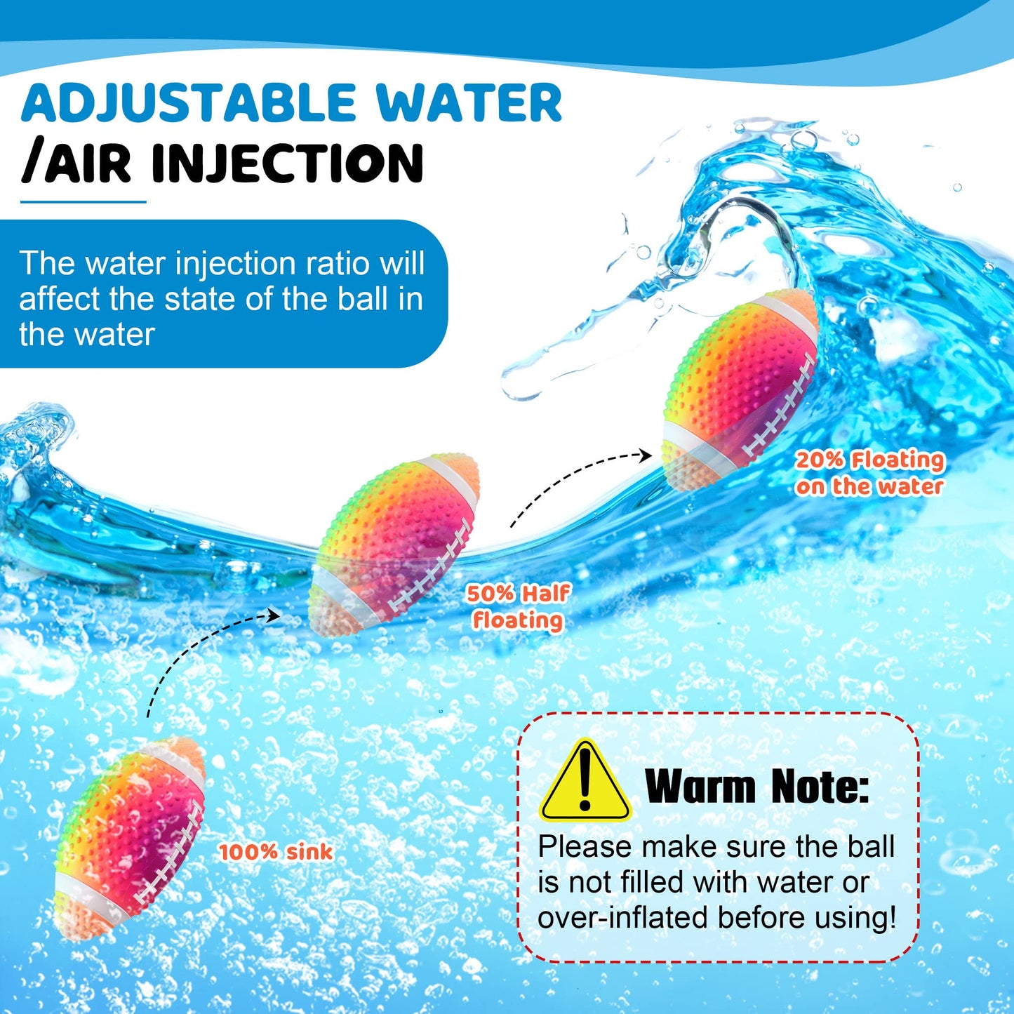 Enhon Water Football for Pool Toys, 9.6 Inch Glow in The Dark Football, Play Pool Diving Games, Waterproof Ball for Underwater Game Party, Outdoor Beach Games for Adults and Family, Rainbow