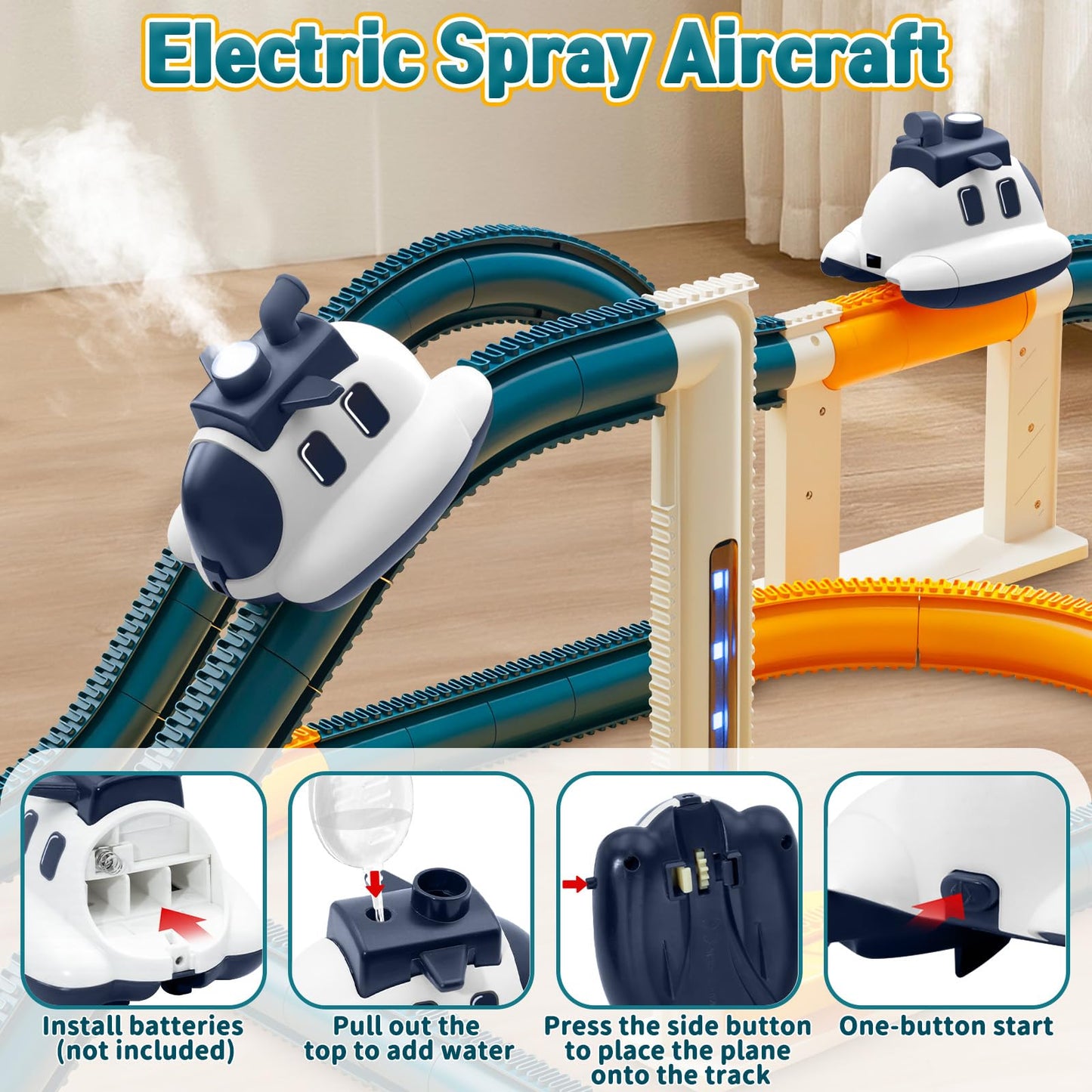 Infowush Electric Race Track Car Toy, DIY Flexible Steam Aircraft Track for Toddlers with Smokes & Lights, Kids Train Set Toys for 3 4 5 6 7 8 Year Old Boys Girls Christmas Birthday Party Gift, Large