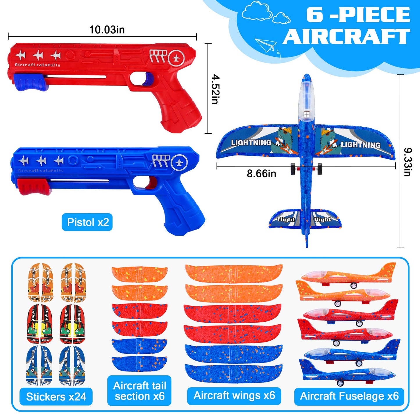 LJZJ 6 Pack Airplane Launcher Toys, 2 Flight Modes LED Foam Glider Catapult Plane, Outdoor Flying Toy for Kids, Birthday Gifts for Boy Girl 4 5 6 7 8 9 10 11 12 Year Old, B-Day Party Supplies