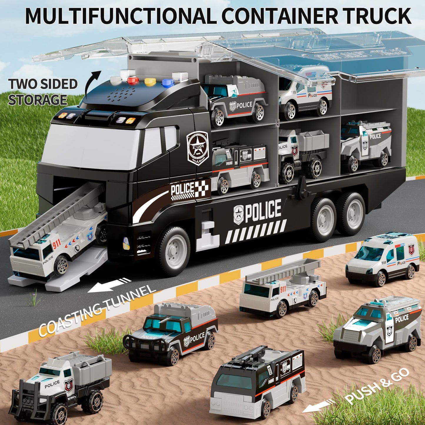 NIPLOOOW Toddler Boys Toys for 3 4 5 6 Years Old, Police Truck Vehicle Toy Set with Play Mat and Die-Cast Toy Car, Transport Carrier Truck for Kids, Birthday Gifts Toys for 3 4 5 6 7 8+ Year Old Boys