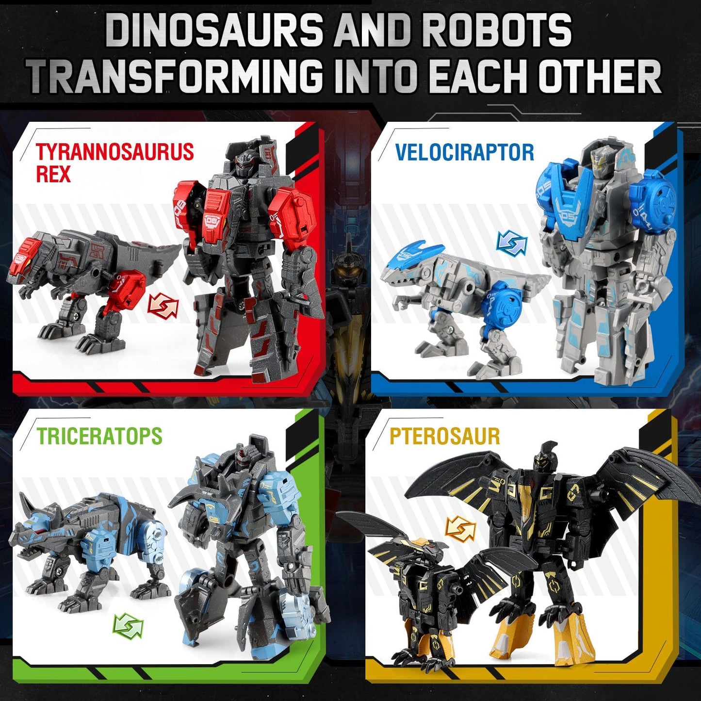 JONEG Transforming Robot Dinosaur - 4-in-1 STEM Toy, 11 Shapes Transforming Toys for Kids, Ages 5-10, Black