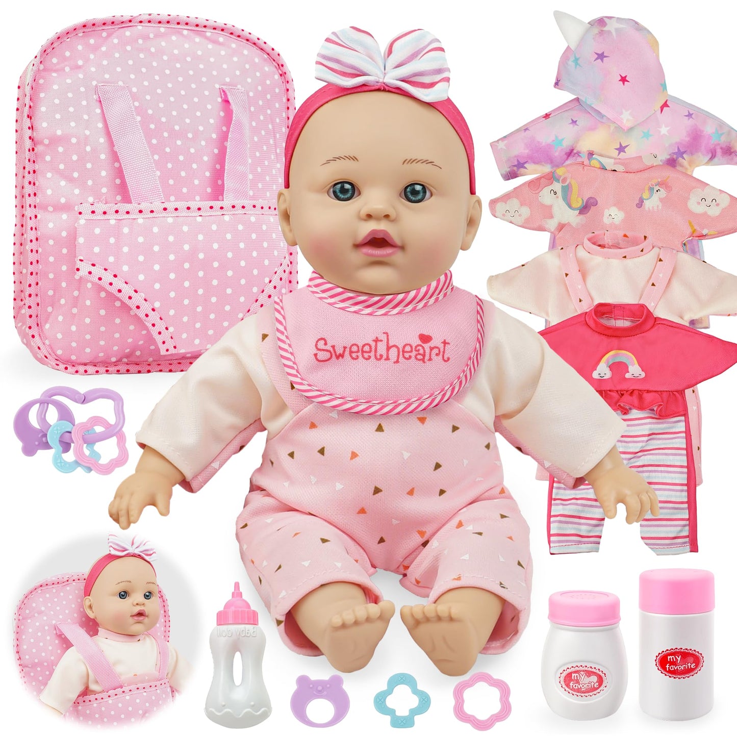 SMILESSKIDDO 12 Inch Soft Body Baby Doll for Toddlers with Take Along Dolls Backpack Carrier Accessories, Baby Doll Clothes and Babydoll Caring Set for Kids Girls 2 3 4 5 Year Old