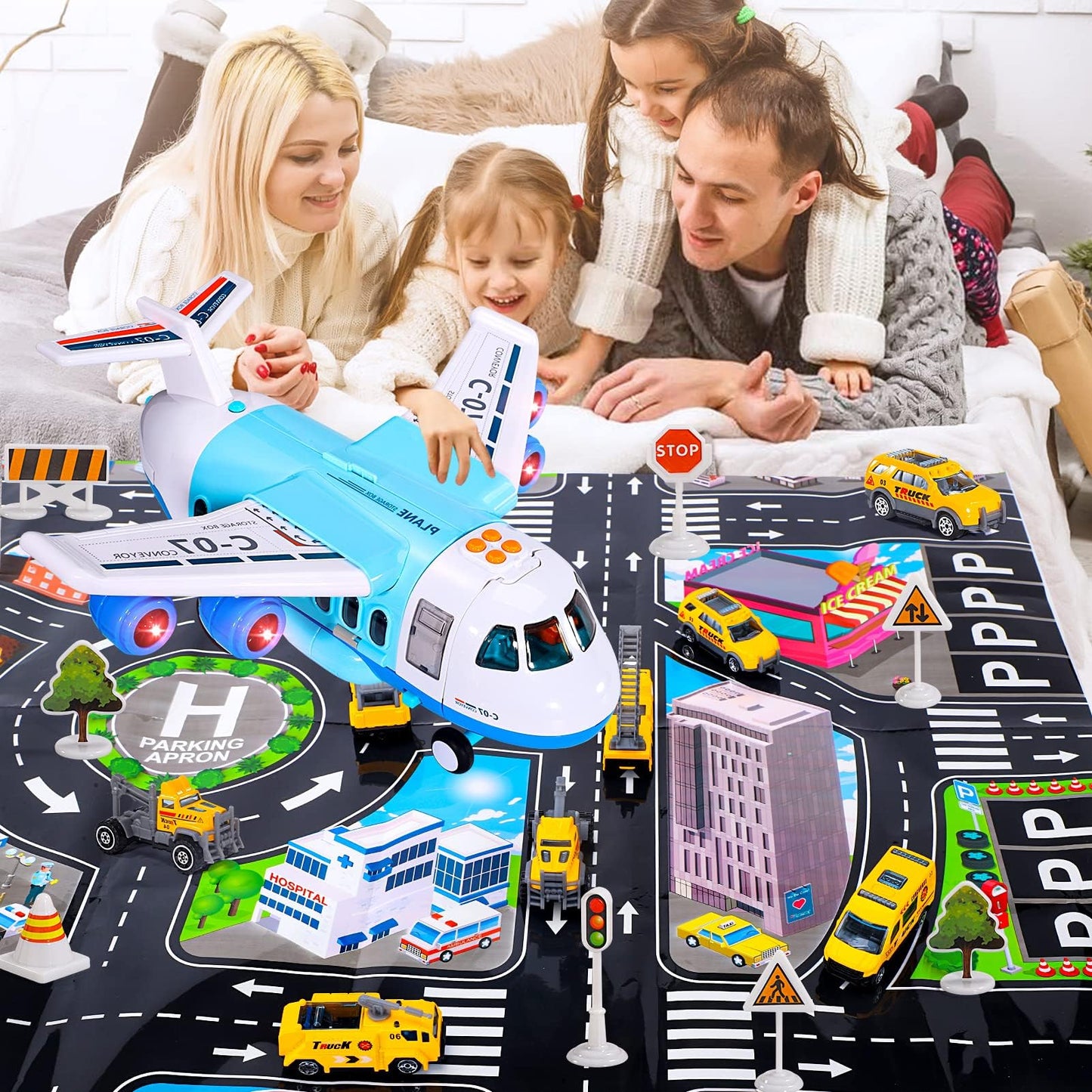 iHaHa Spray Airplane Toys for Boys Girls, Large Transport Cargo Airplane with 6 Construction Vehicle 10 Road Signs 1 Play Mat, Plane Toy with Lights Sounds for Boys Age 3 4 5 6