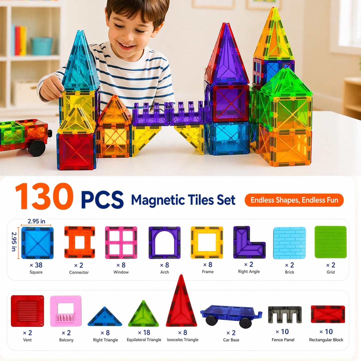 LATI 130-Piece Magnetic Tiles Building Toy Large Set for Kids,Magnetic Building Blocks Construction Set,Open-Ended Play STEM Educational Toy,Compatible with Other Brands,Gift for Boys & Girls Ages 3–8