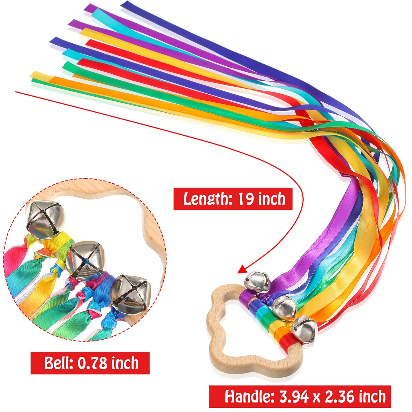 Aoriher 4 Pieces Rainbow Hand Ribbon Kite with Bells Wind Wand Dancing Ribbon Streamer Cloud Wood Sensory Toys Wooden Educational Toy for Party Birthday(Bright Colors)