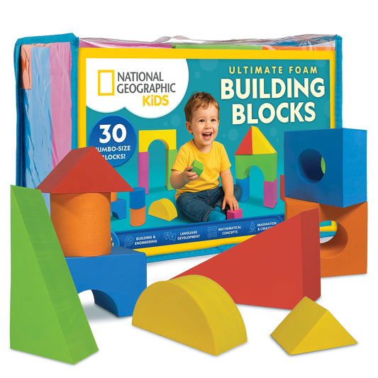 National Geographic Kids Jumbo Foam Blocks – 30-Piece Foam Building Blocks for Toddlers & Preschoolers, Soft Stackable Blocks with Storage Bag, Early Learning & Sensory Building Toy