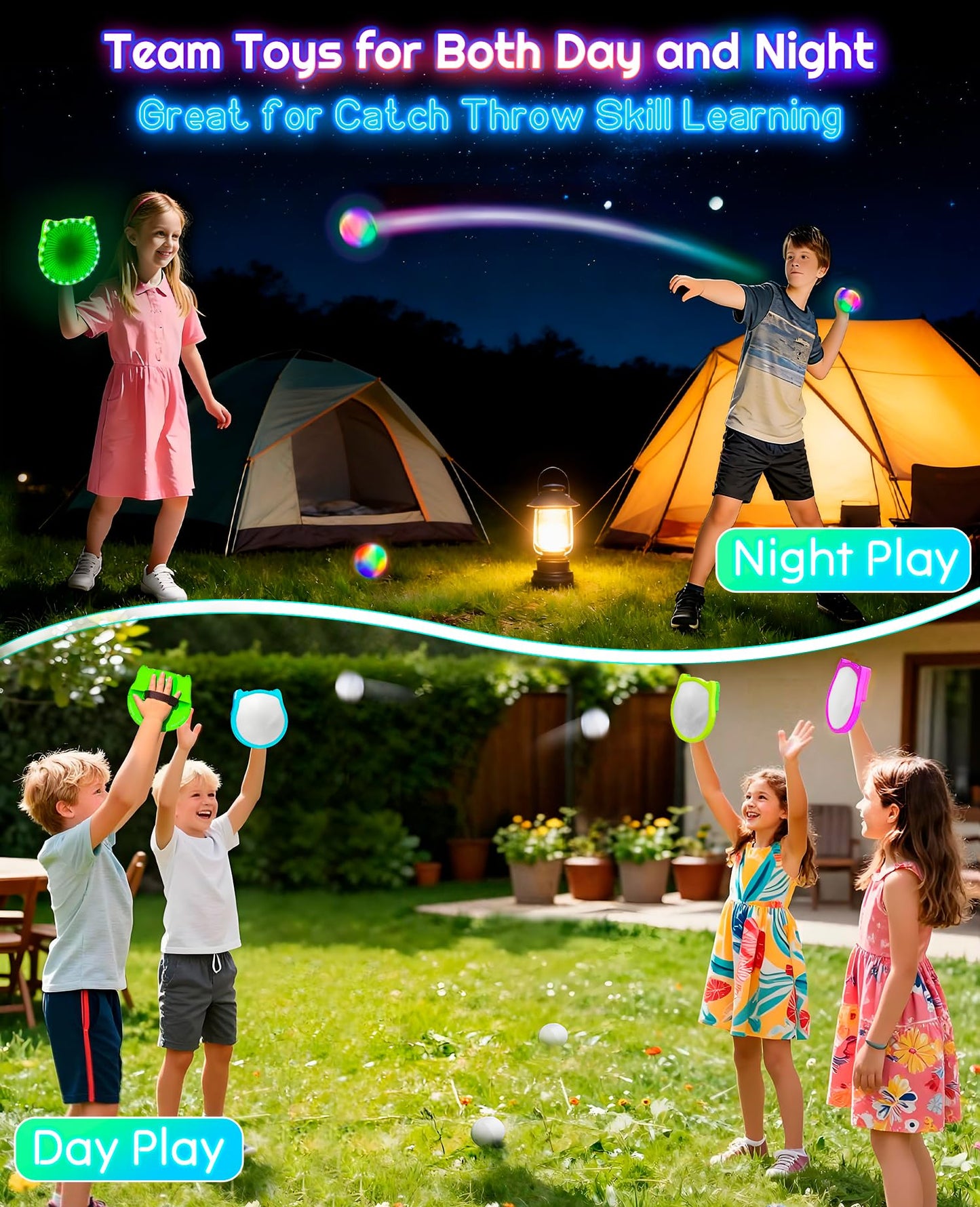 Elecdemic 3D LED Light Up Toss Catch Ball Game Set Outdoor Toys Baseball Tennis Gifts Camping Party Glow in the Dark Throw Paddle Age 3 4 5 6 7 8 9 10 11 12 Year Old Boy Girl Kid Adult Family Birthday