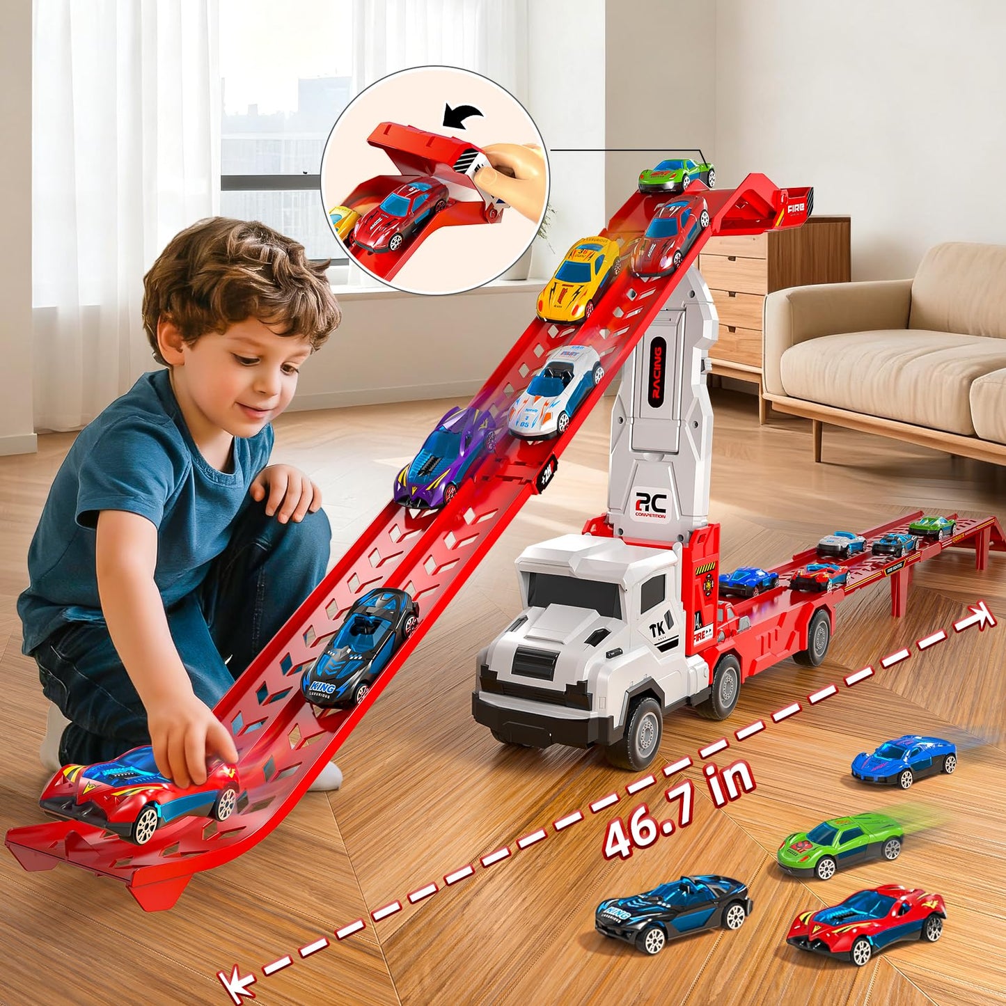 Novaluki Truck Toys for Kids, Transport Vehicle with 12 Die-Cast Car, Double Race Car Track Cars Ramp Toy, Carrier Truck for Toddler 3-5, Christmas Birthday Gift for 3 4 5 6 7 8 Years Old Boys Girls